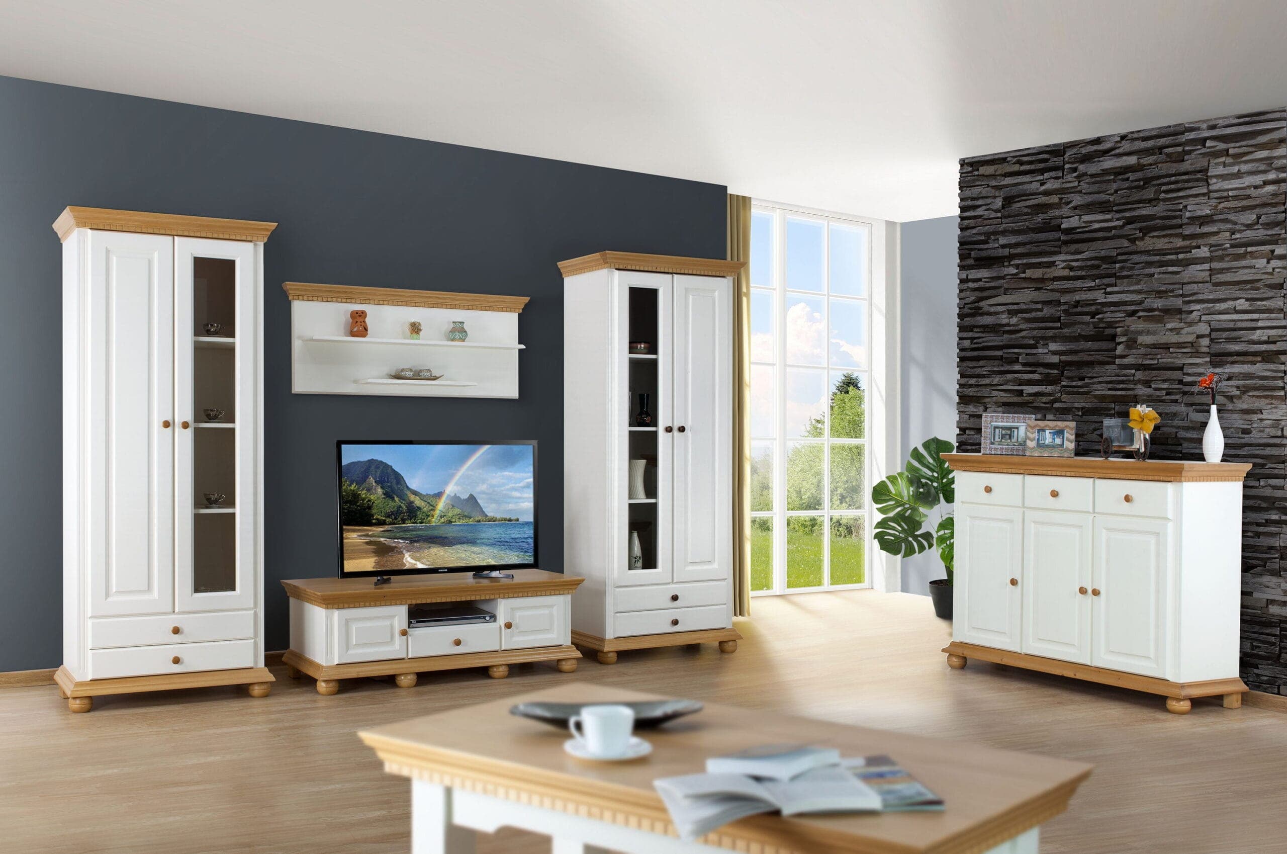 Wohnzimmer Fjord 3 aus Massivholz mit Vitrinen und Kommode