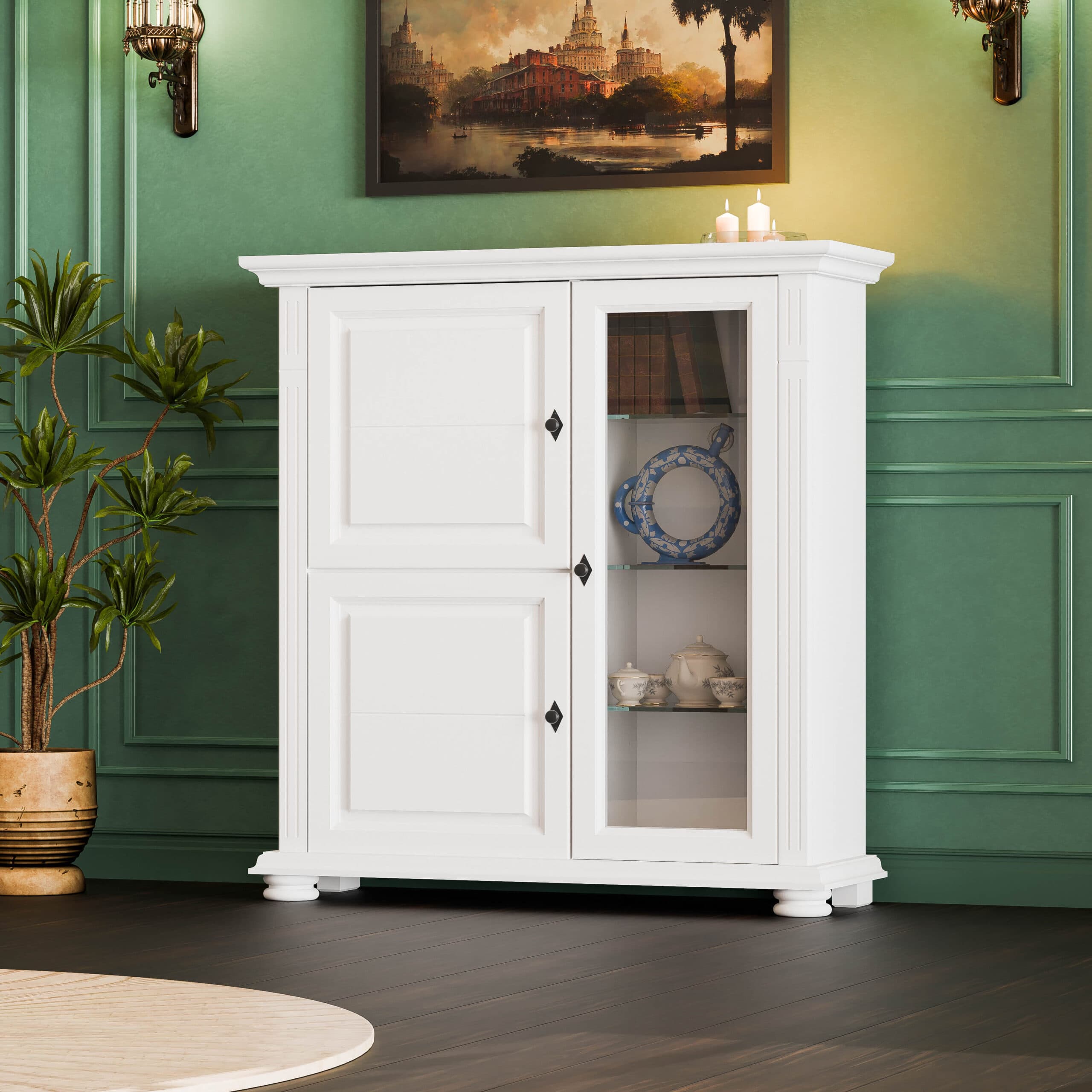 Kommode „Skagen“ mit Vitrine aus Massivholz und Glasablagen