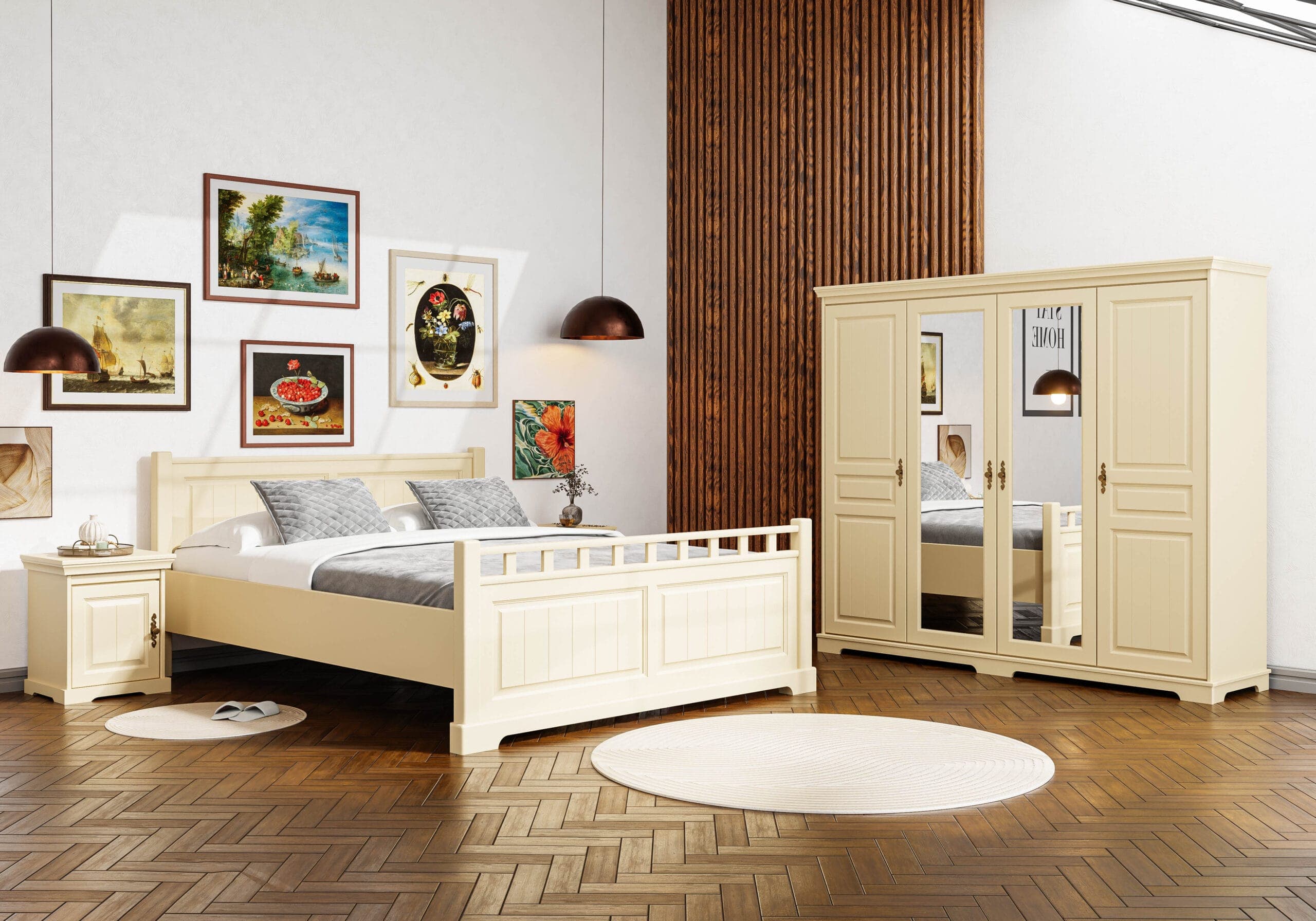 Schlafzimmer „Linnea Nisip“ aus Massivholz, Bett 160