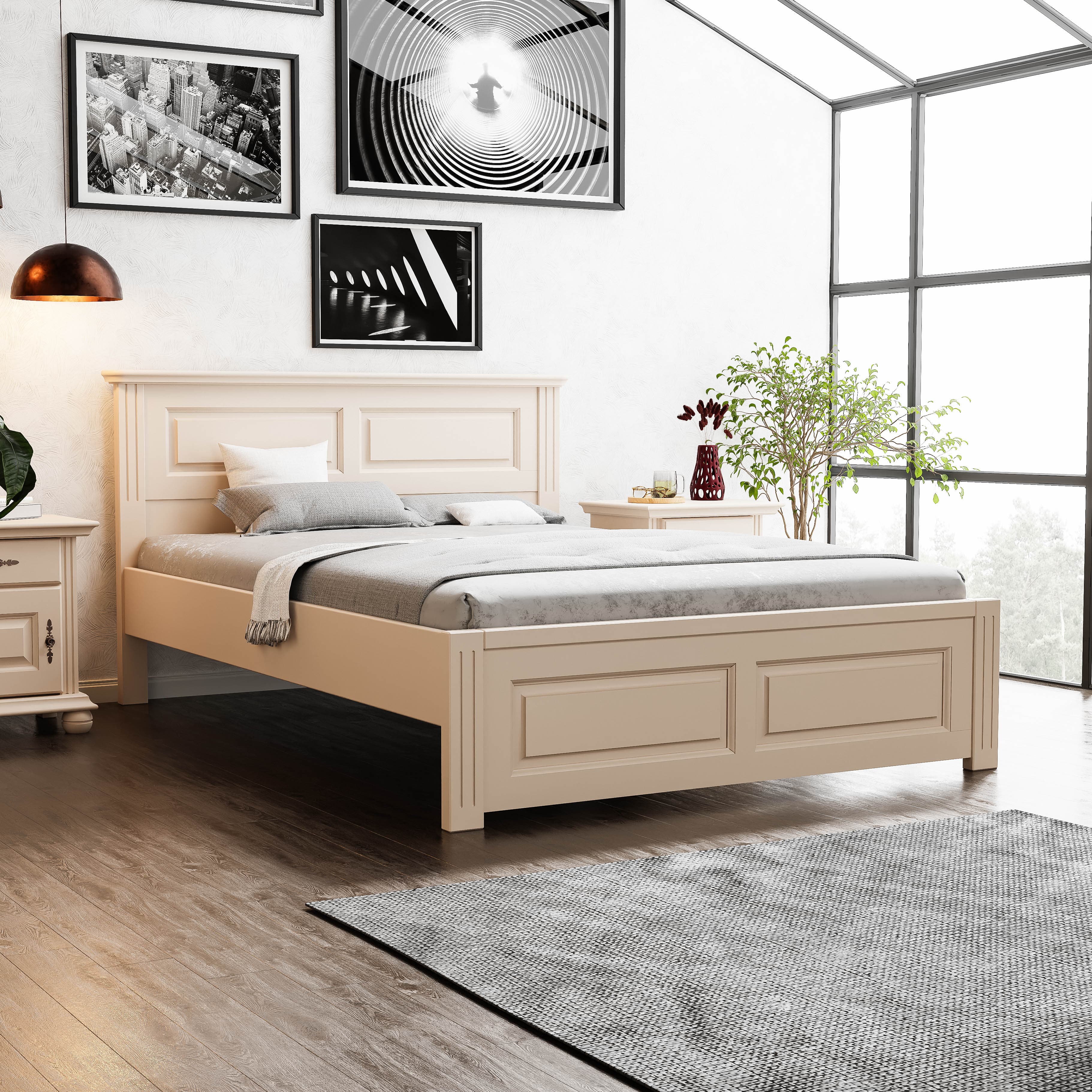Bett 180×200 Nordby aus Massivholz in Puderbeige