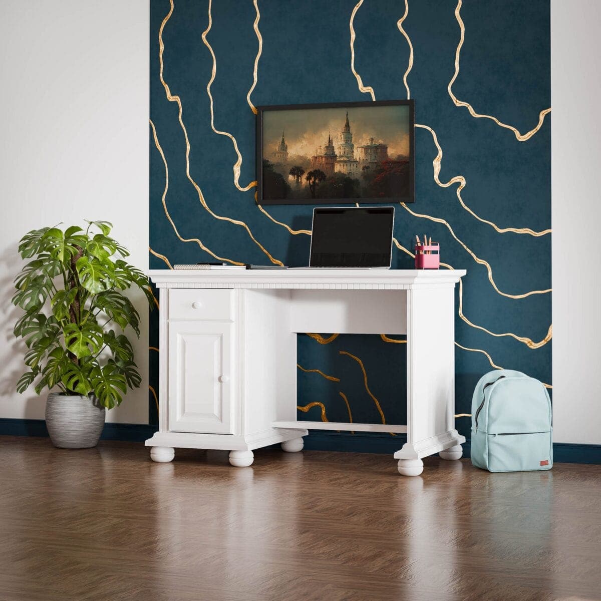 Massivholz-Schreibtisch „Fjord“ mit einem Schrank