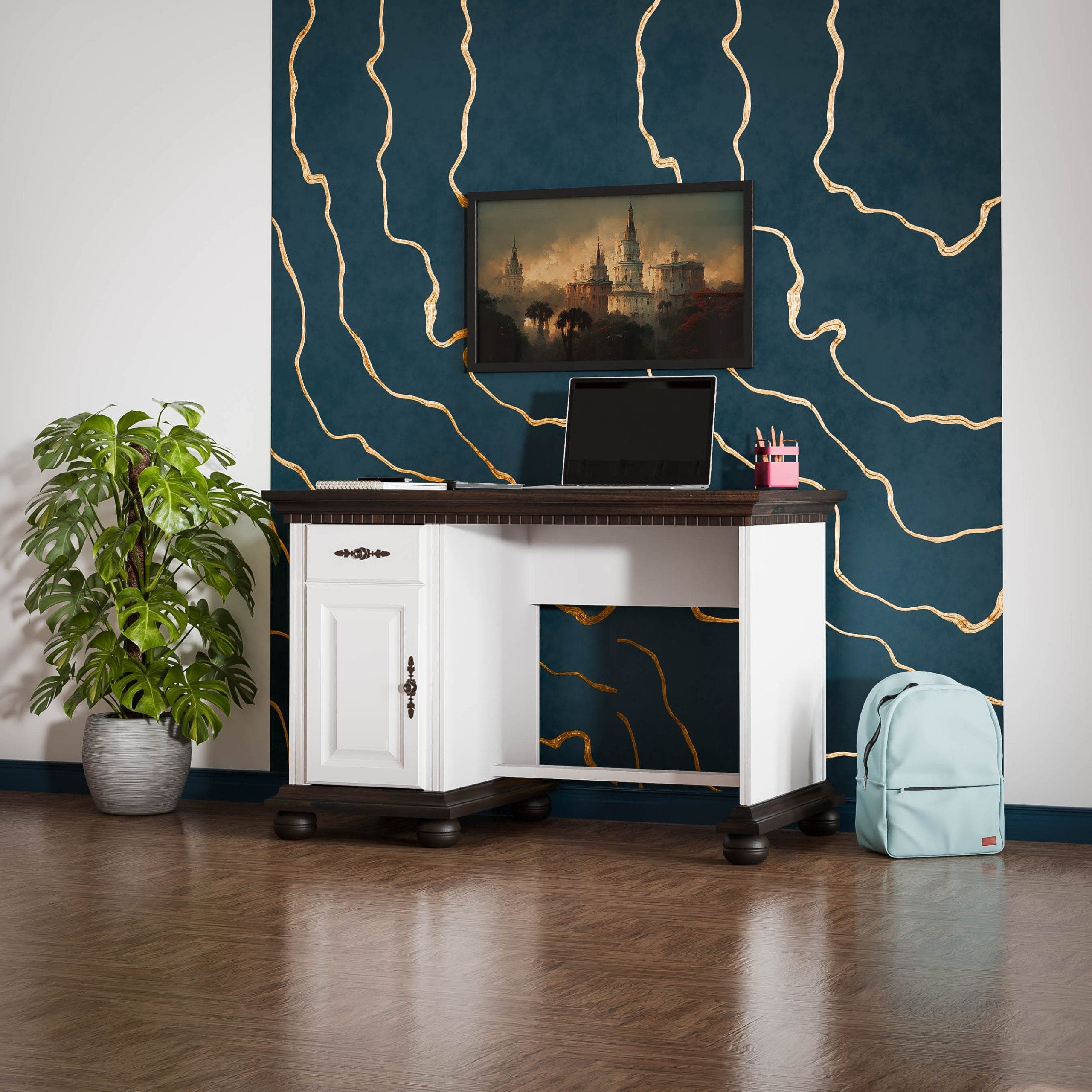 Massivholz-Schreibtisch „Fjord“ mit einem Schrank