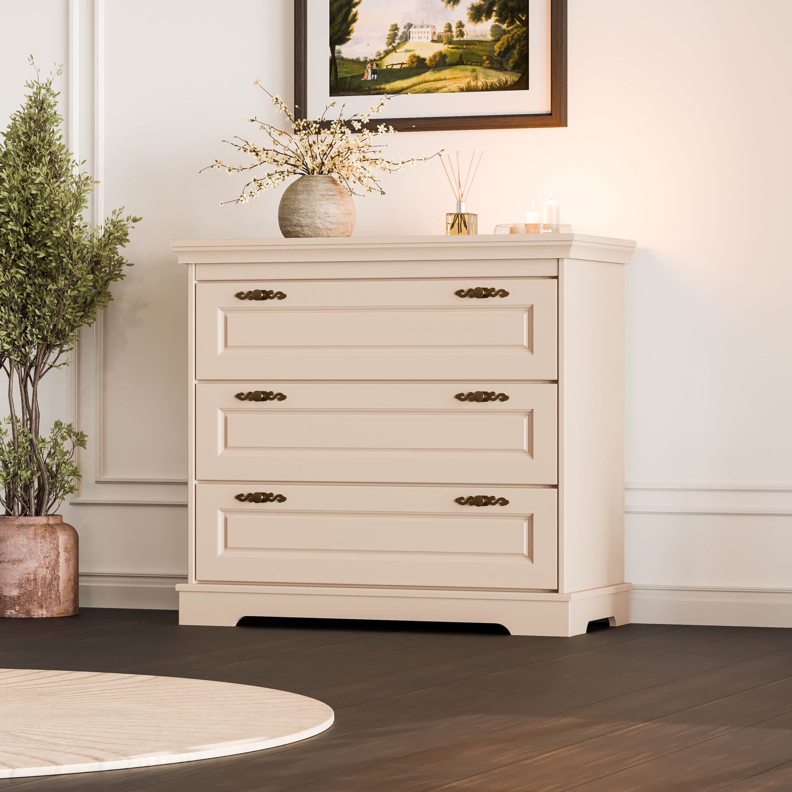 Massivholz-Kommode Linnea mit 3 Schubladen, Dunkeltaupe, 100 cm
