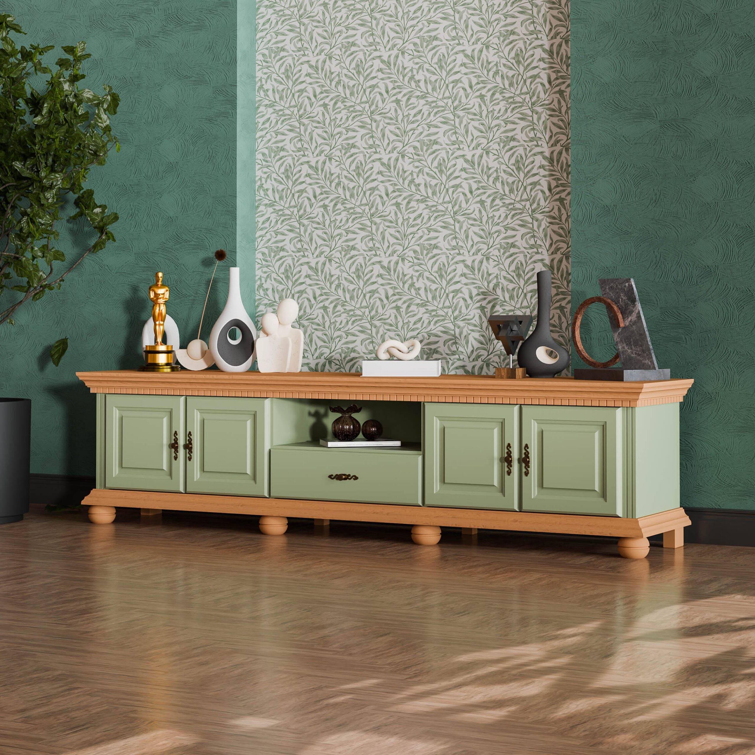 TV-Kommode Fjord 220 cm aus Massivholz in Salbei