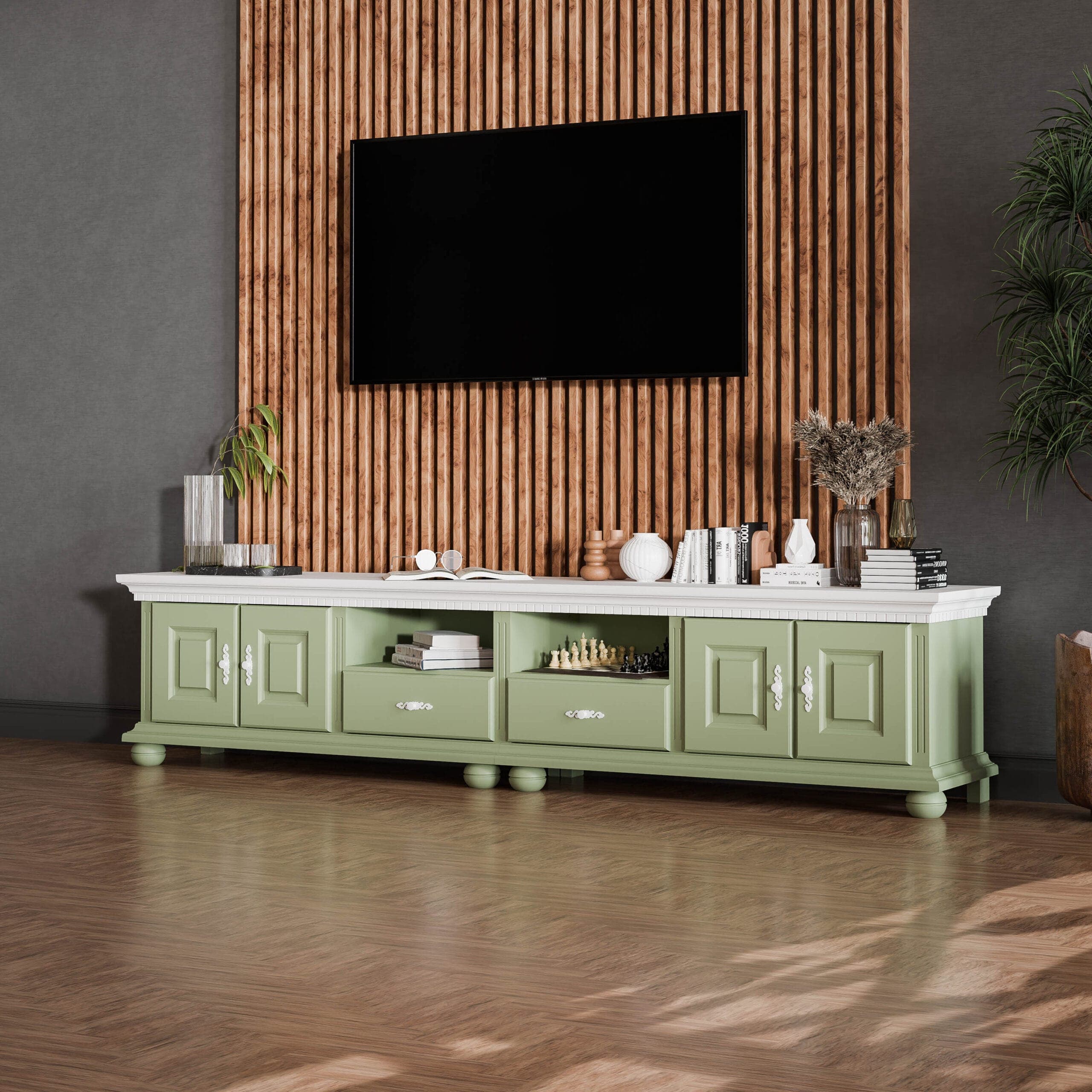 TV-Kommode Fjord 250 cm aus Massivholz in Salbei