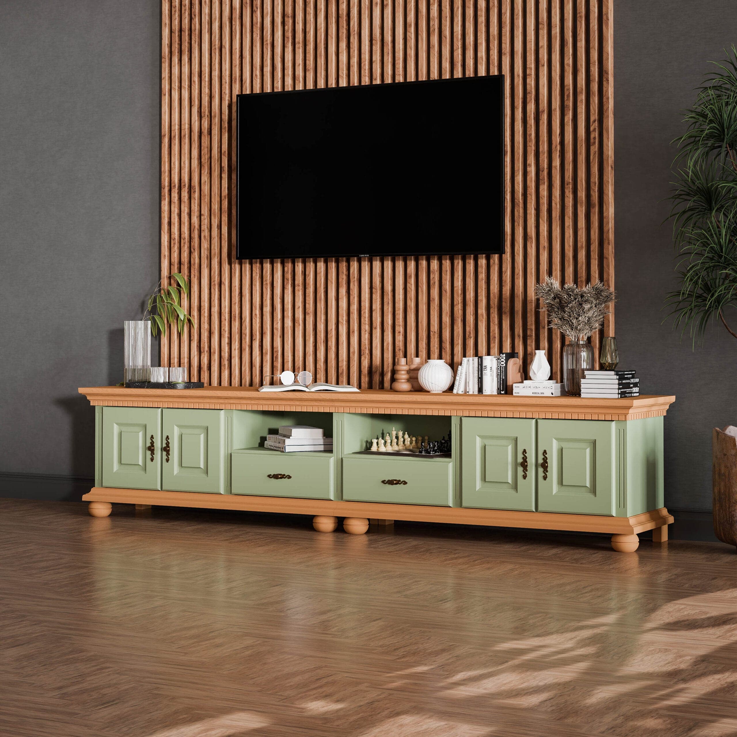 TV-Kommode Fjord 250 cm aus Massivholz in Salbei