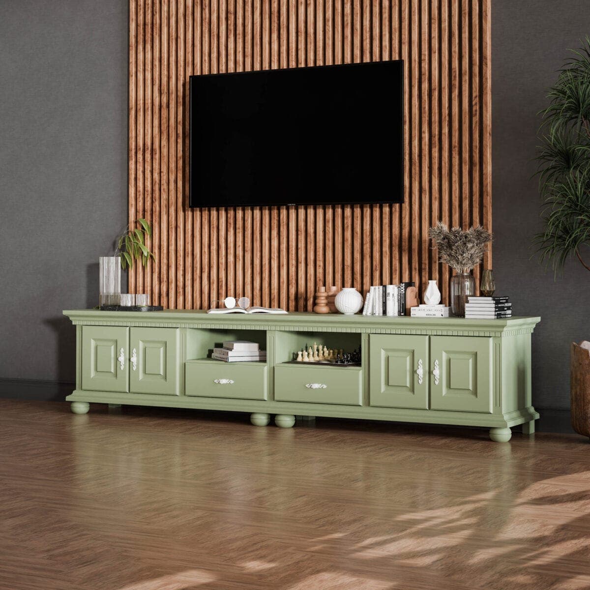 TV-Kommode Fjord 250 cm aus Massivholz in Salbei