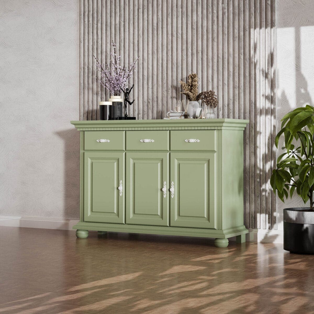 Massivholz-Sideboard Fjord Salbei, 3 Türen, 3 Schubladen