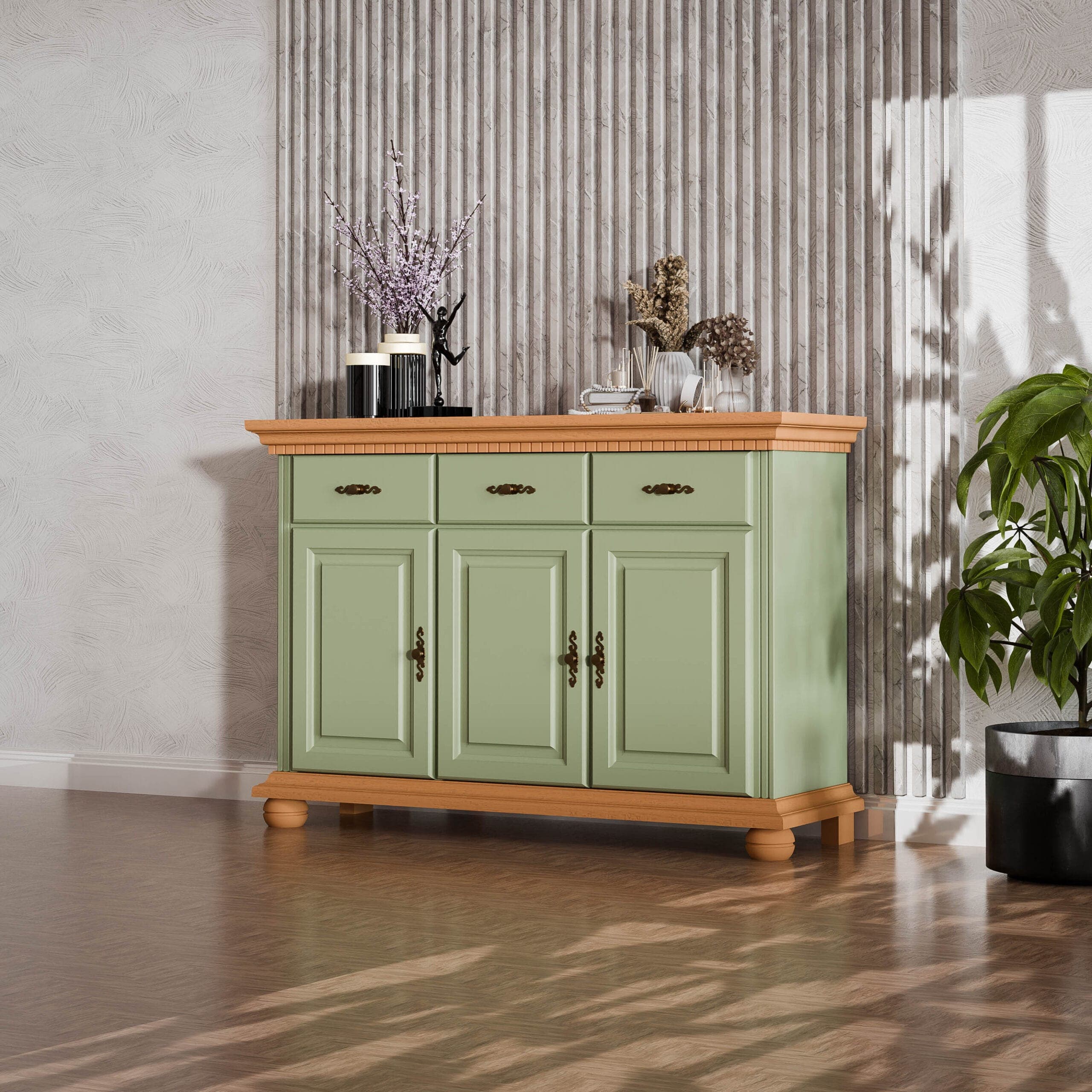 Massivholz-Sideboard Fjord Salbei, 3 Türen, 3 Schubladen