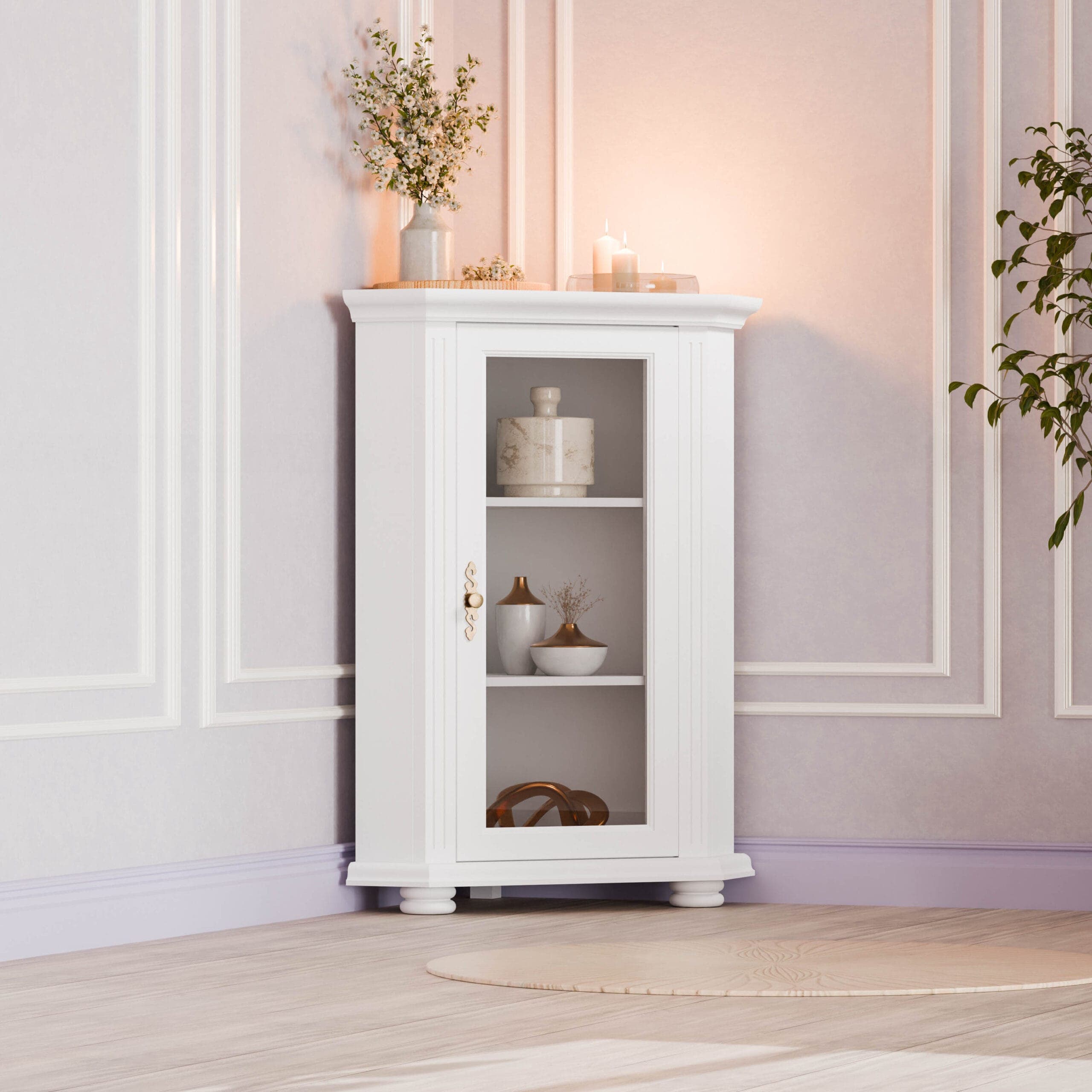 Eckkommode mit Glas „Skagen“ aus massivem Fichtenholz