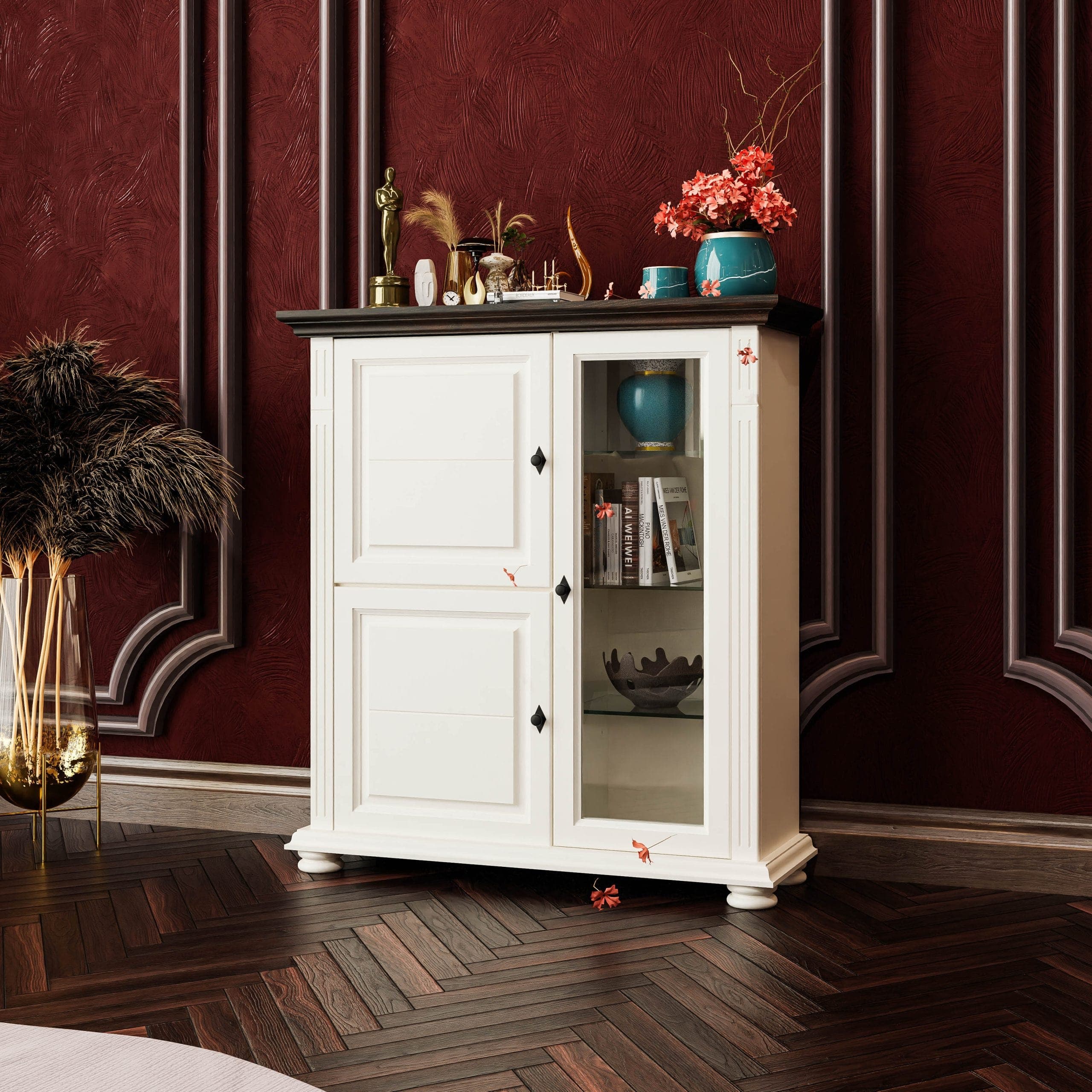 Kommode Skagen mit Vitrine aus Massivholz, Vanille