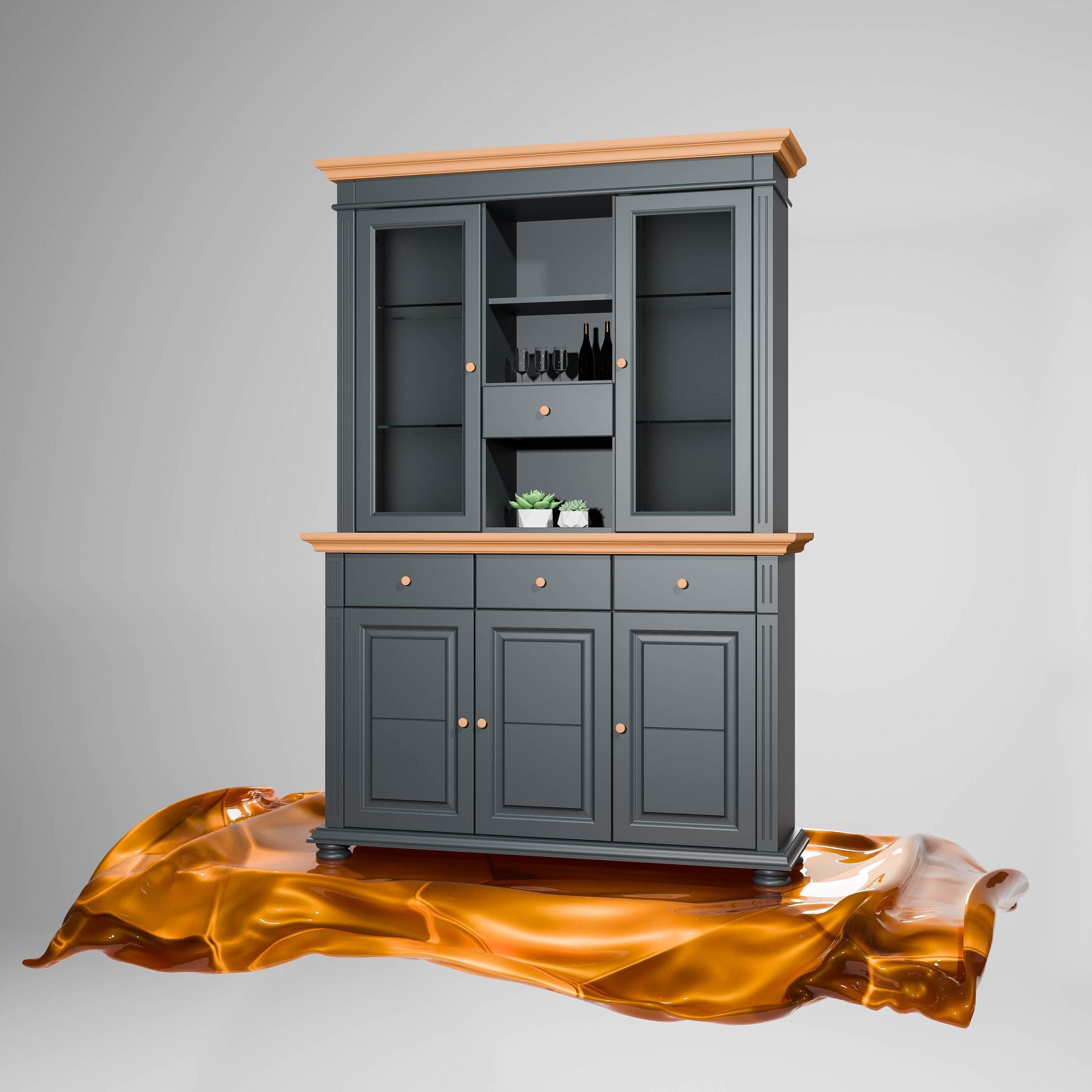 Sideboard mit Vitrine Skagen aus Massivholz, Anthrazit