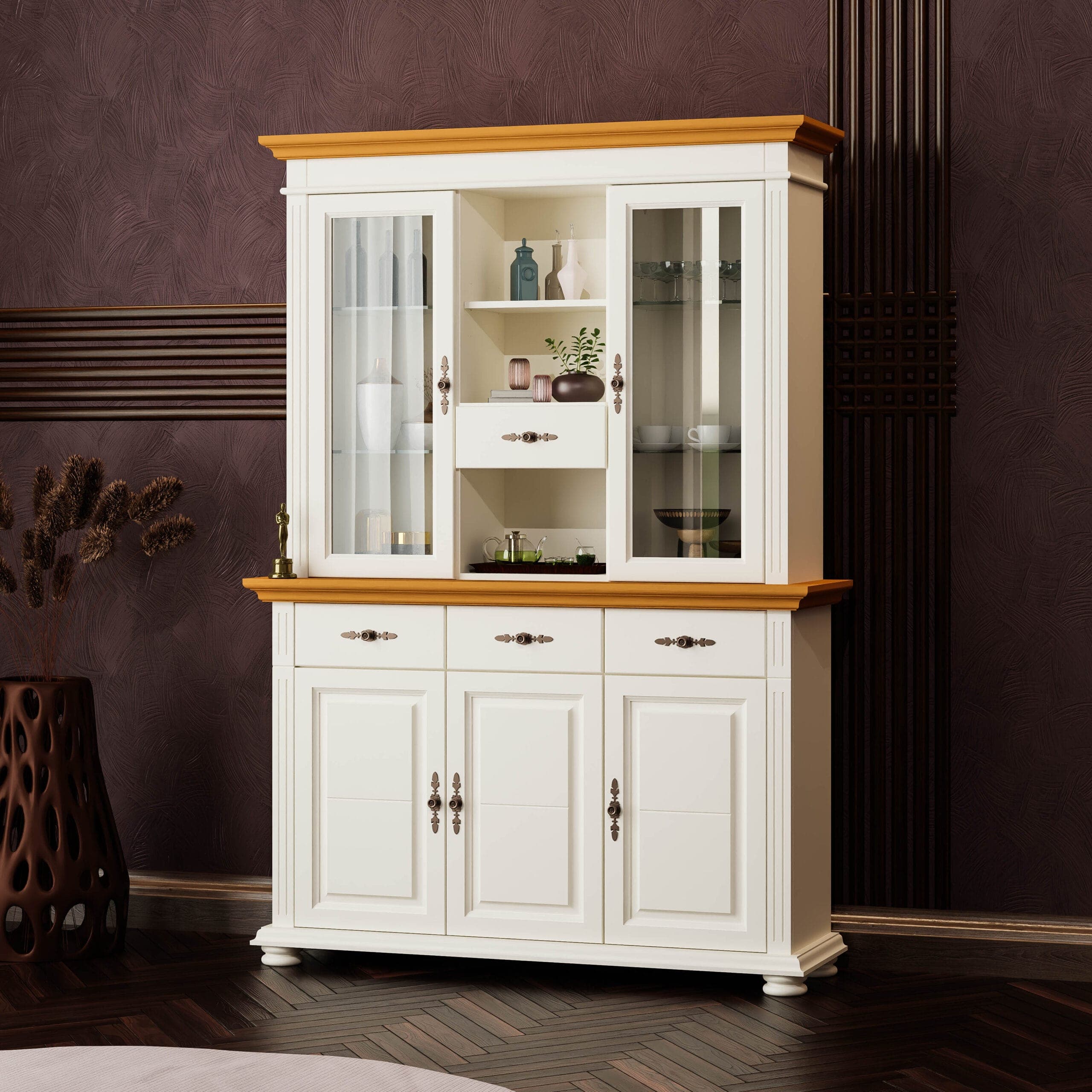 Massivholz-Sideboard „Skagen“ mit Vitrine in Vanille