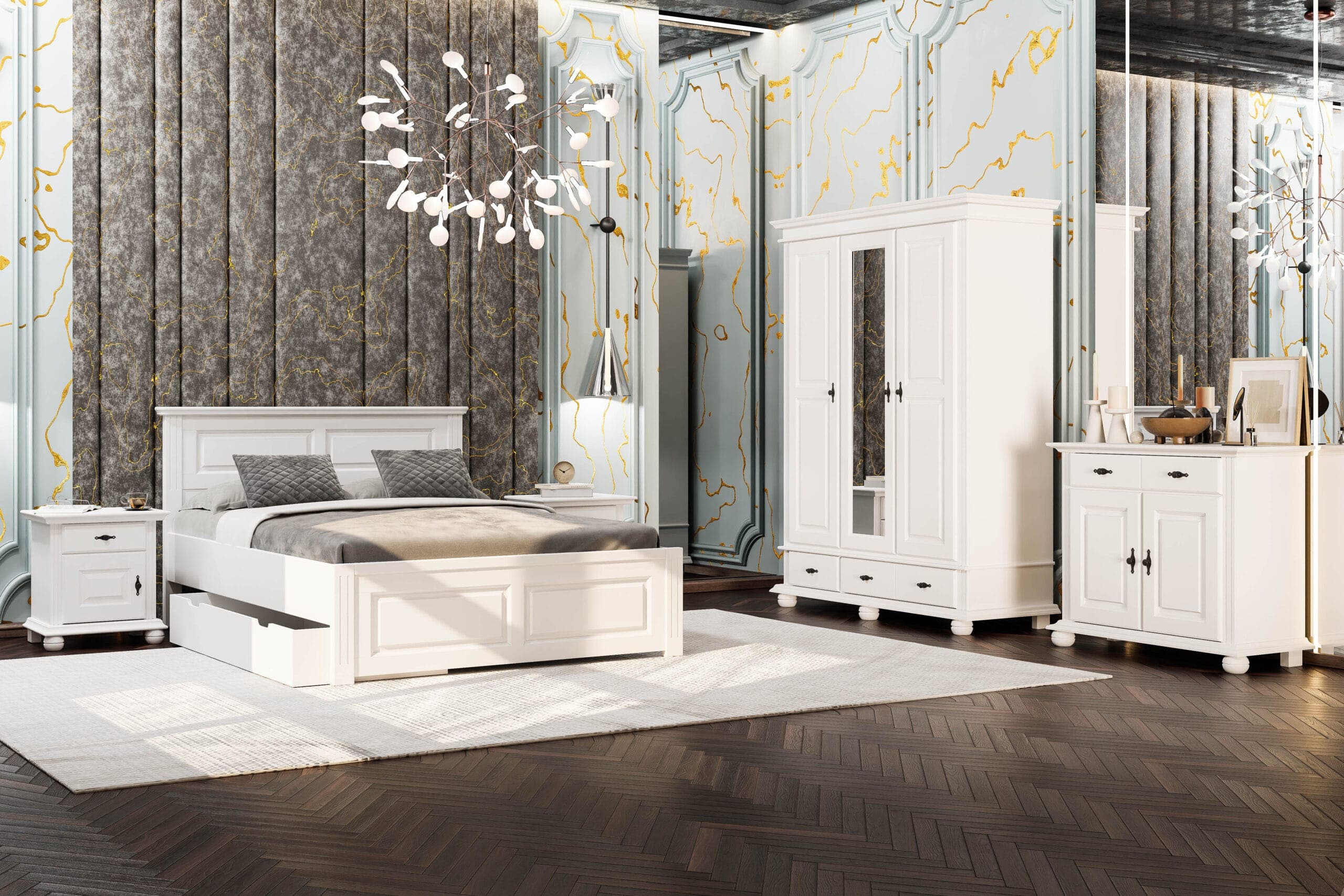 Schlafzimmer Nordby 2 – Massivholzbett mit Bettkasten & Schrank