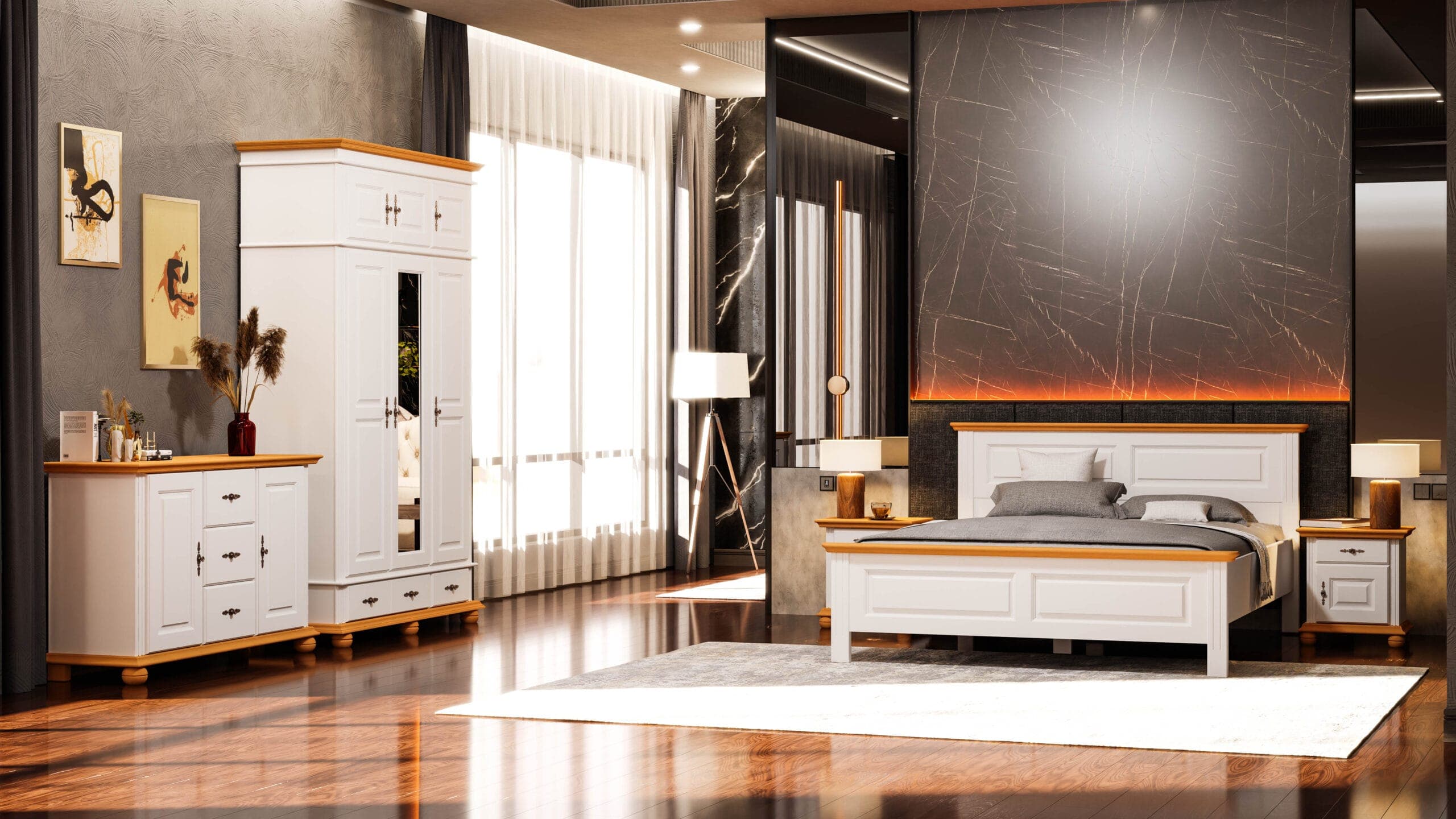 Schlafzimmer Nordby 4 aus Massivholz mit Bett und Aufsatzschrank