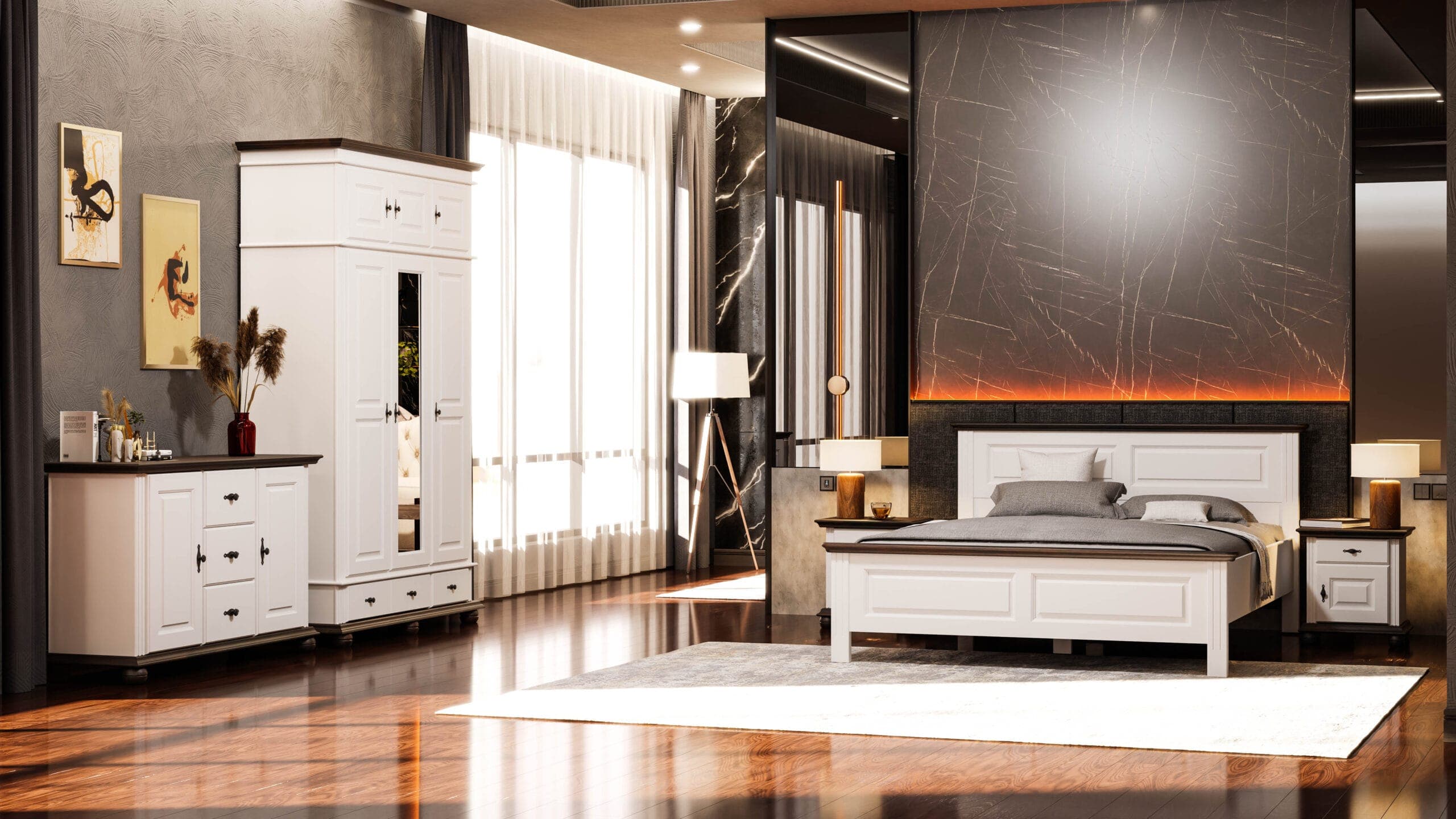 Schlafzimmer Nordby 4 aus Massivholz mit Bett und Aufsatzschrank