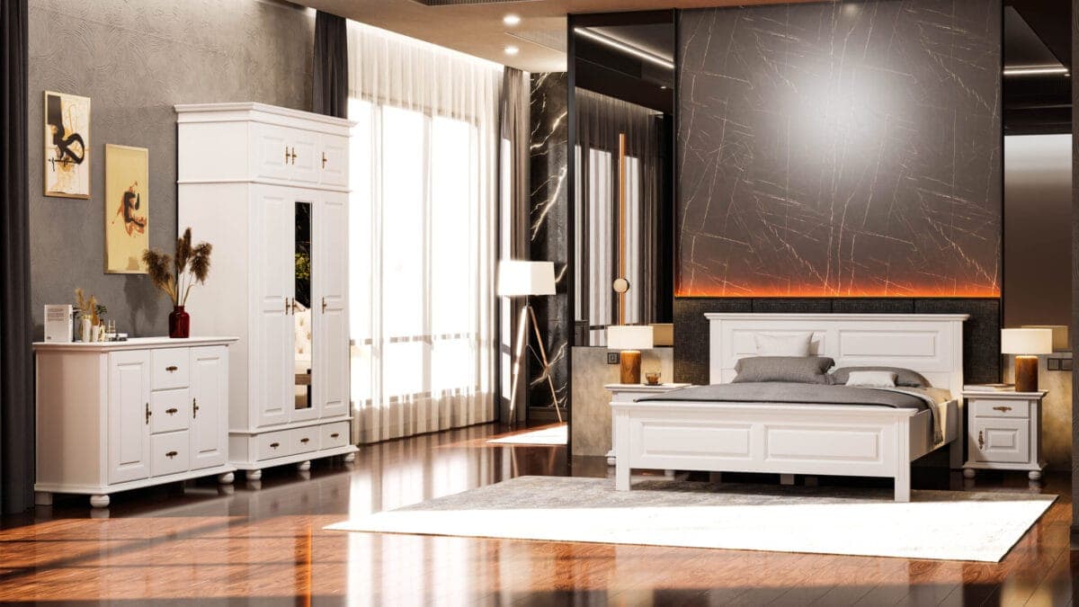 Schlafzimmer Nordby 4 aus Massivholz mit Bett und Aufsatzschrank