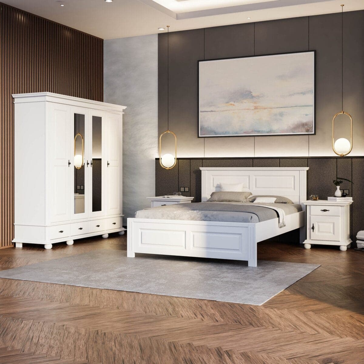 Schlafzimmer-Set Nordby 7 aus Massivholz mit Bett