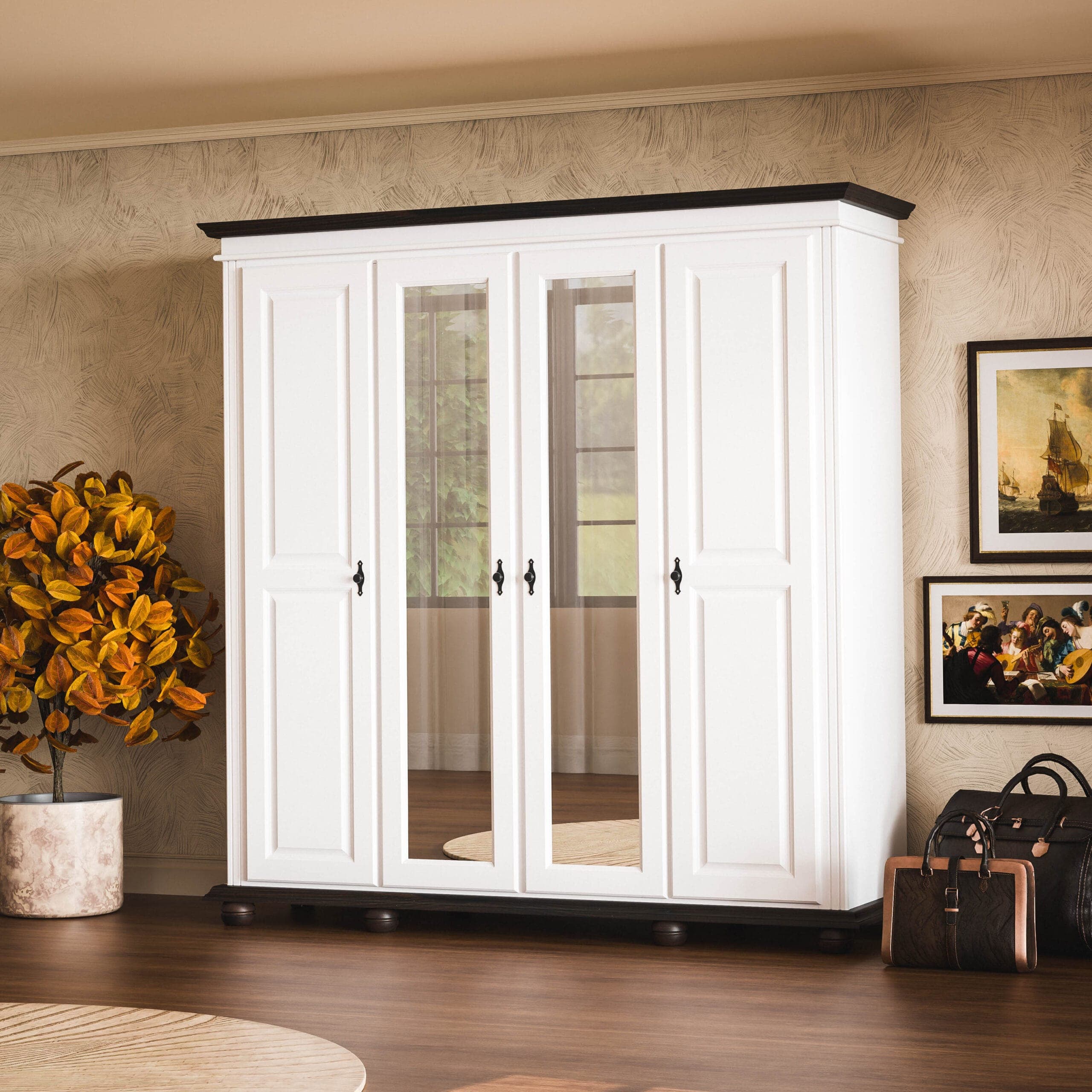 Massivholzschrank „Nordby“ mit 4 Türen, klassisch elegant