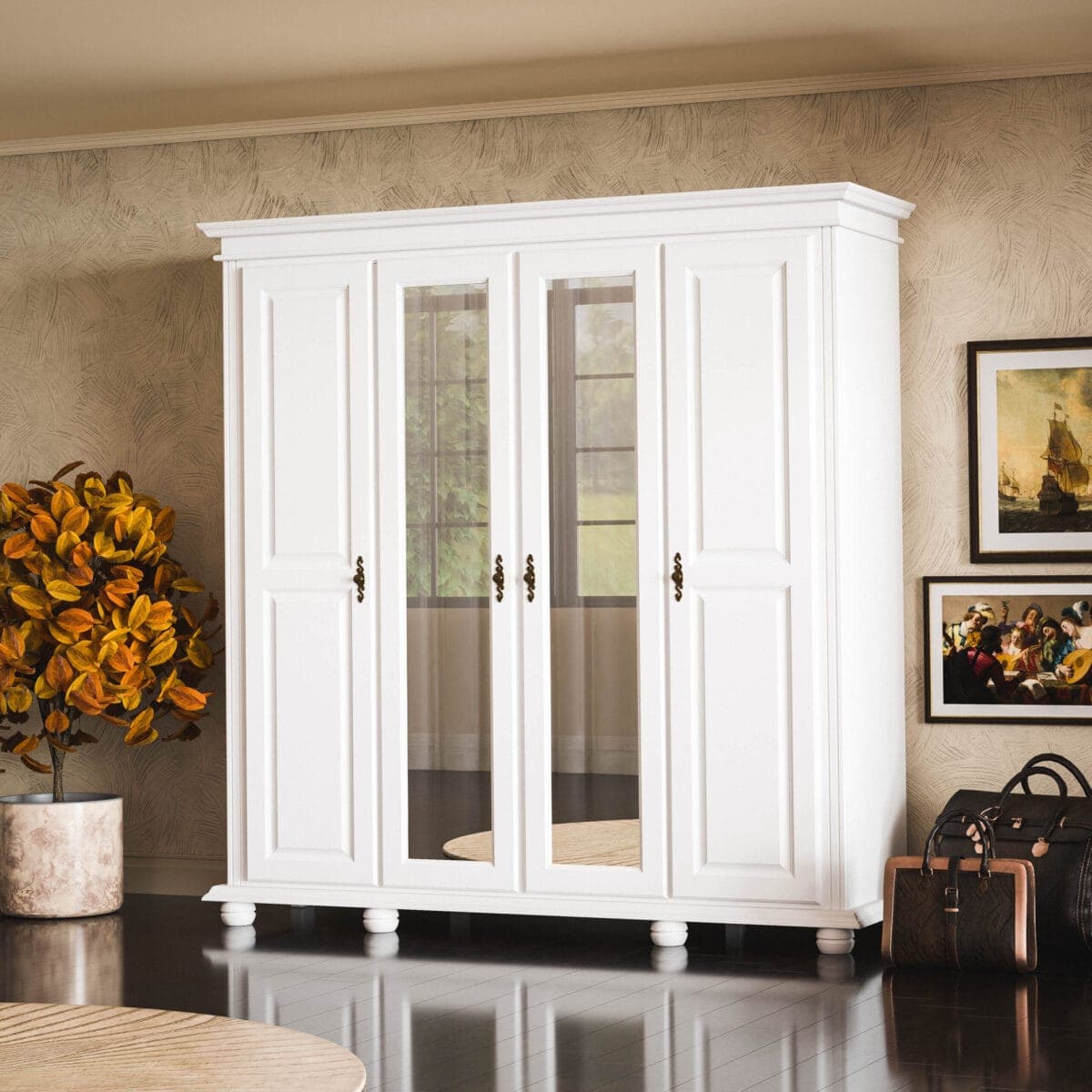 Massivholzschrank „Nordby“ mit 4 Türen, klassisch elegant