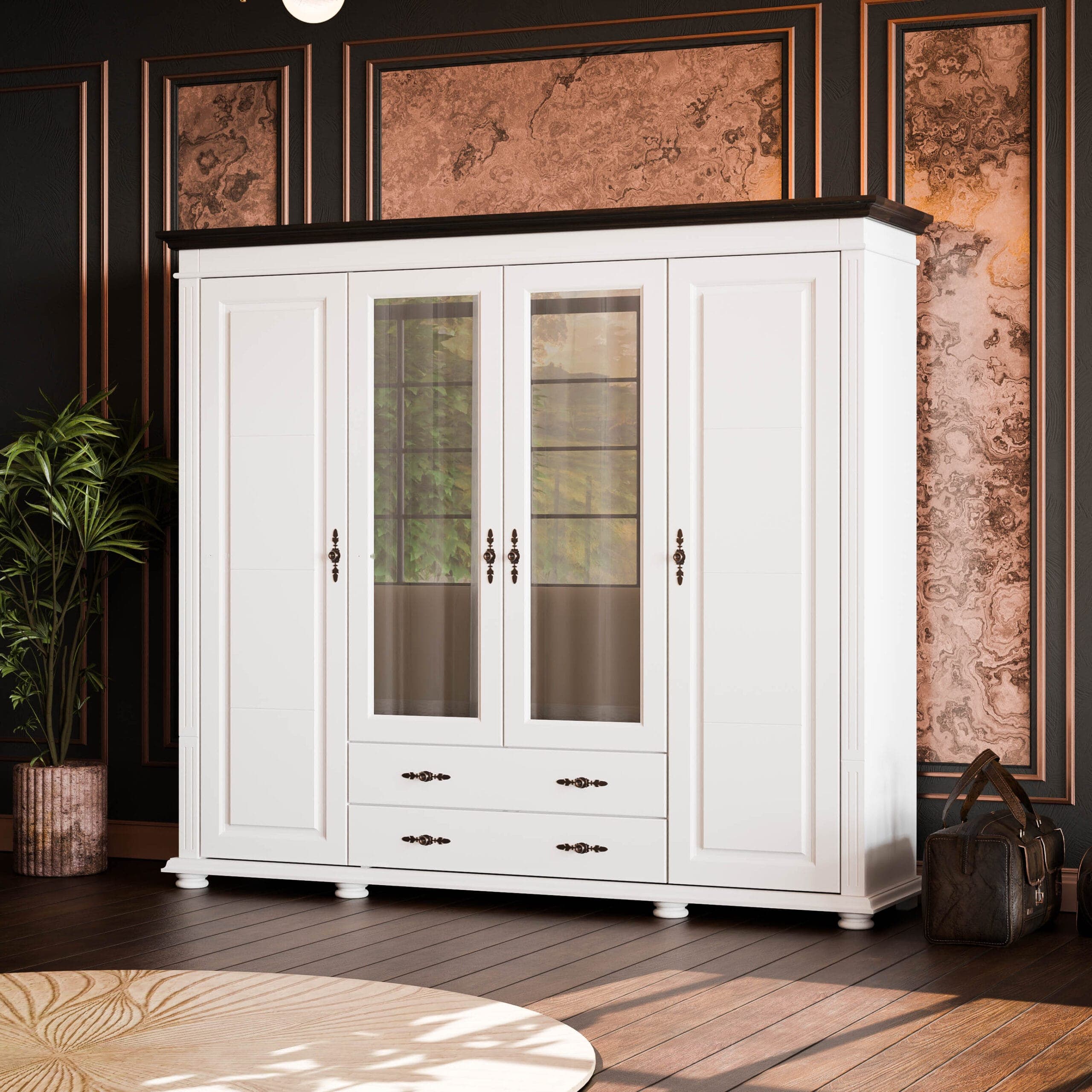 Massivholzschrank „Skagen“ mit 4 Türen, Spiegel und 2 Schubladen