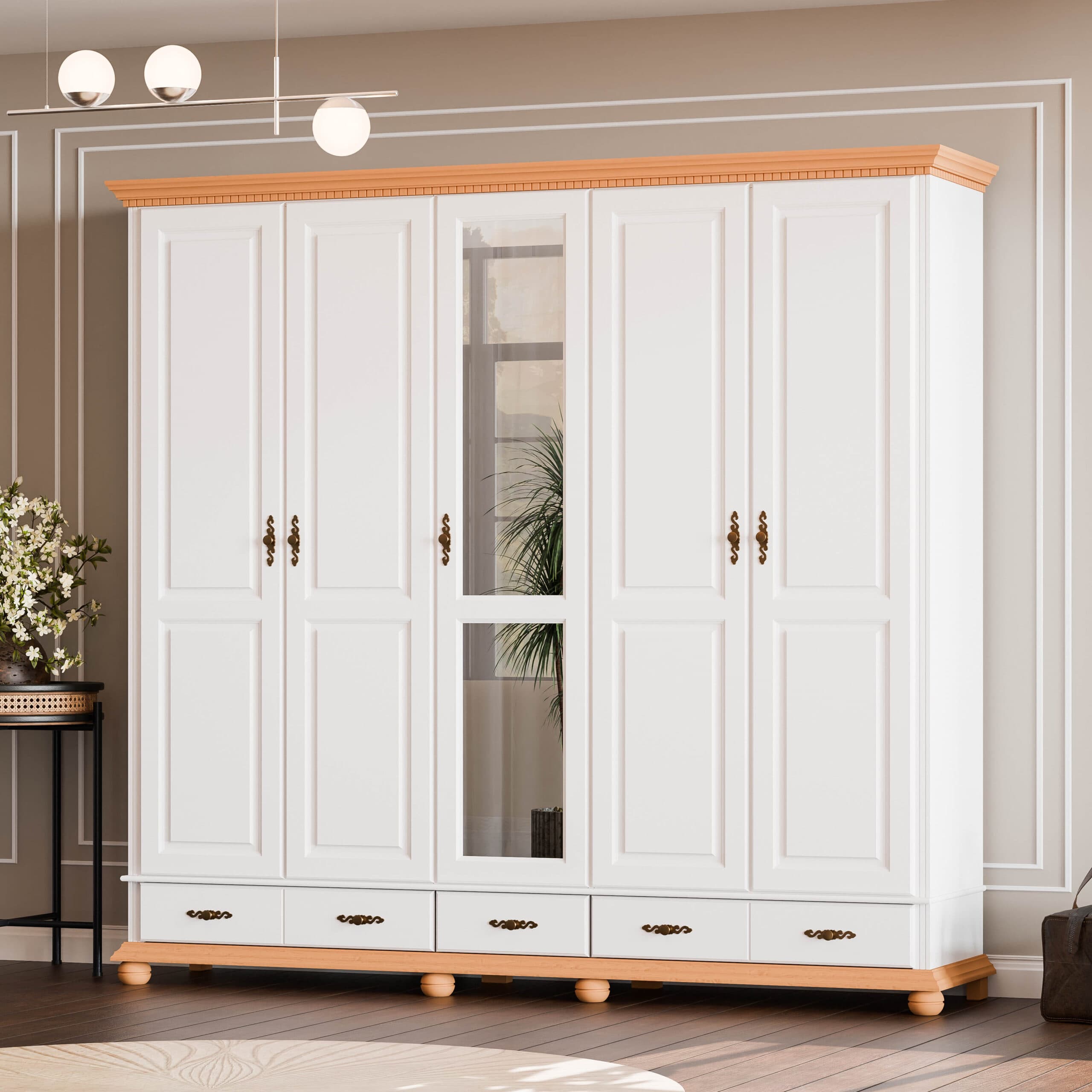 Massivholzschrank mit 5 Türen und Schubladen „Fjord“
