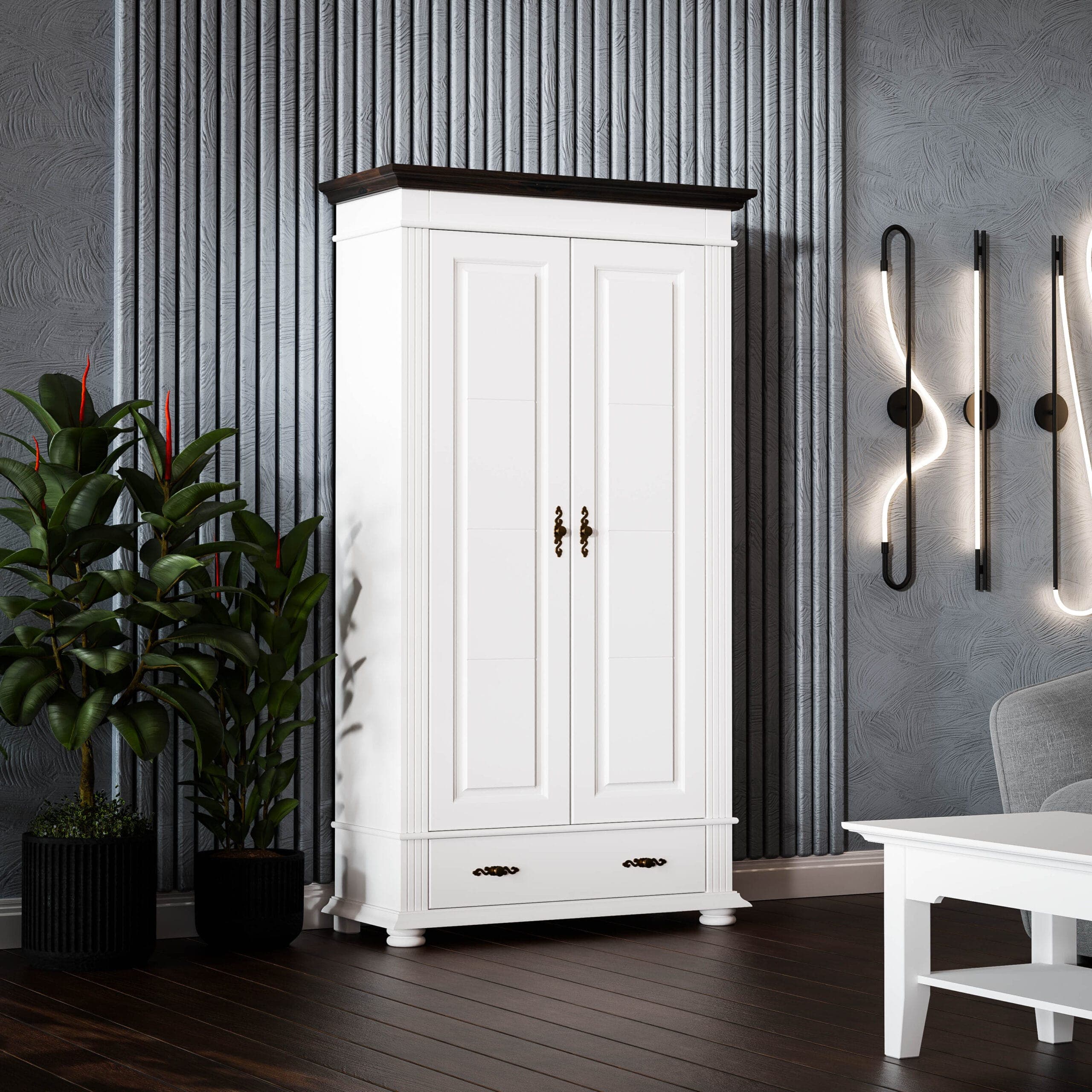 2-türiger Massivholzschrank Skagen mit Kleiderstange und Regalböden