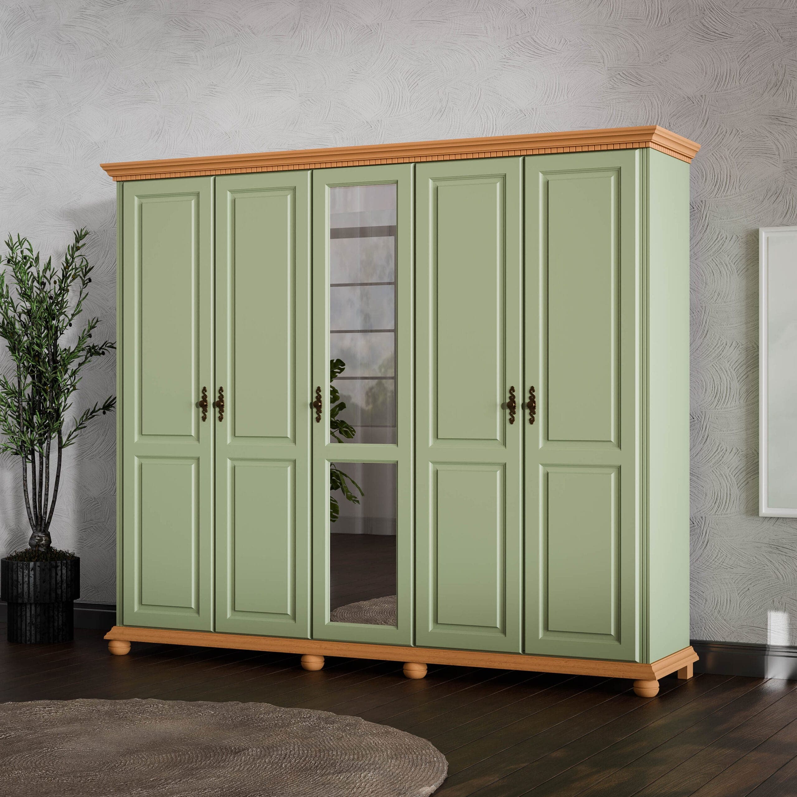 Massivholz-Kleiderschrank Fjord Salbei, 5 Türen, 260 cm