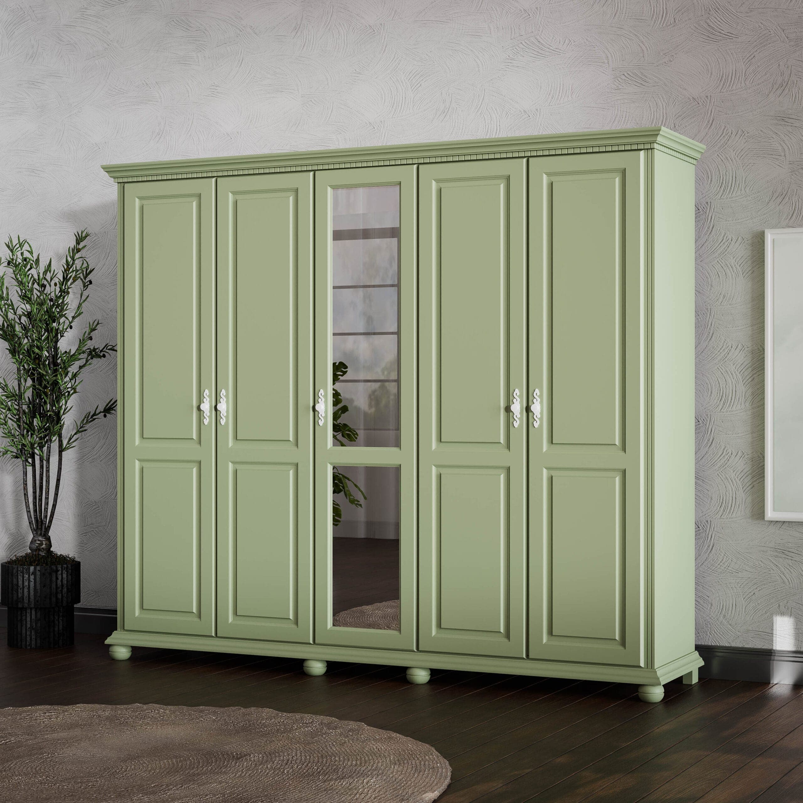 Massivholz-Kleiderschrank Fjord Salbei, 5 Türen, 260 cm