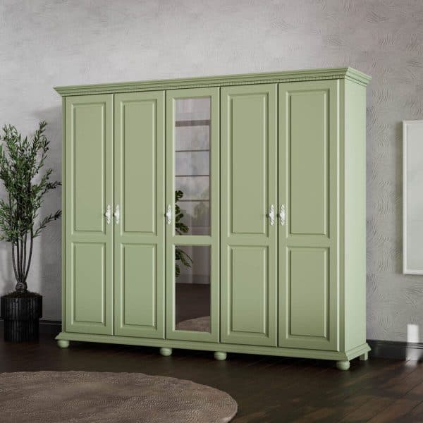 Massivholz-Kleiderschrank Fjord Salbei, 5 Türen, 260 cm