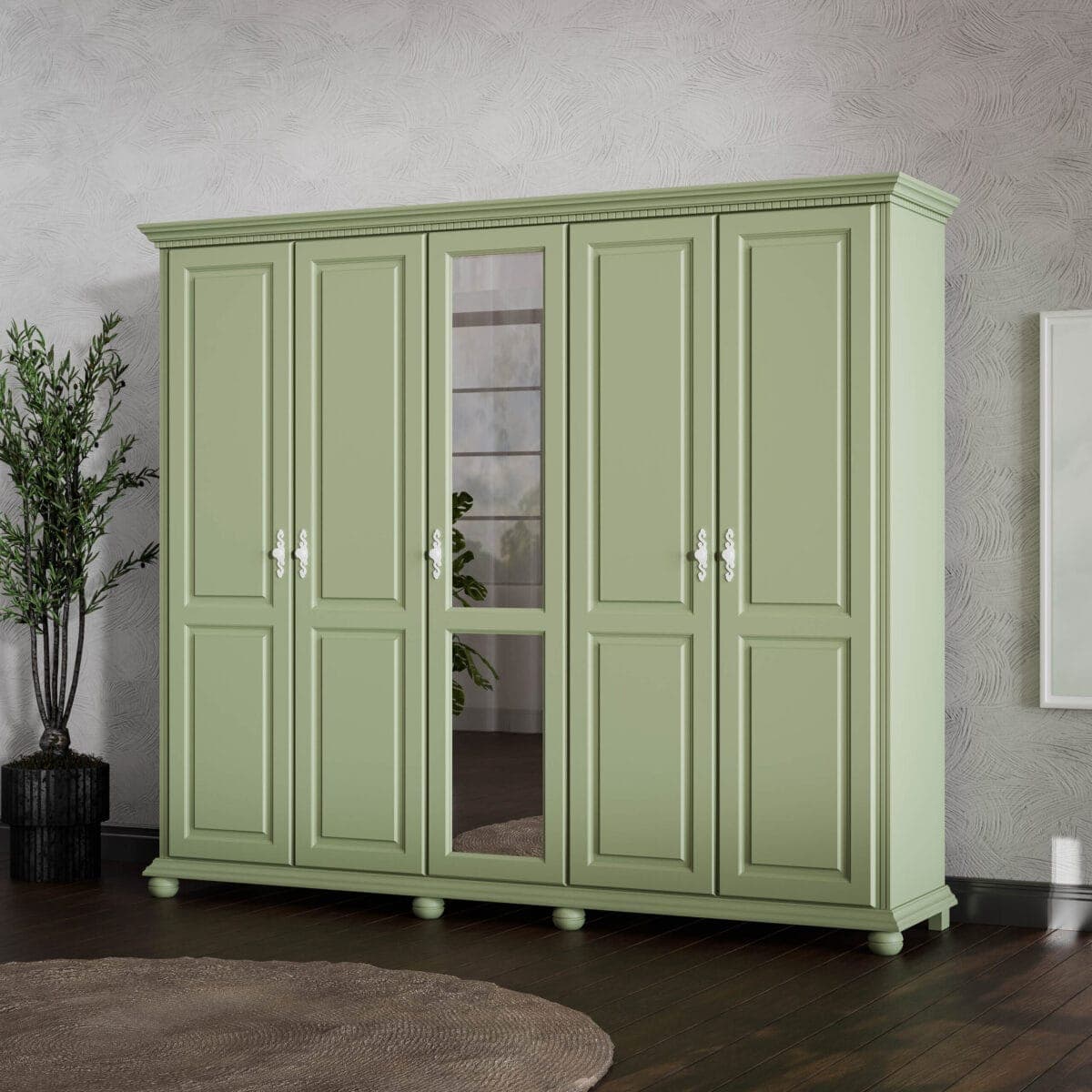 Massivholz-Kleiderschrank Fjord Salbei, 5 Türen, 260 cm