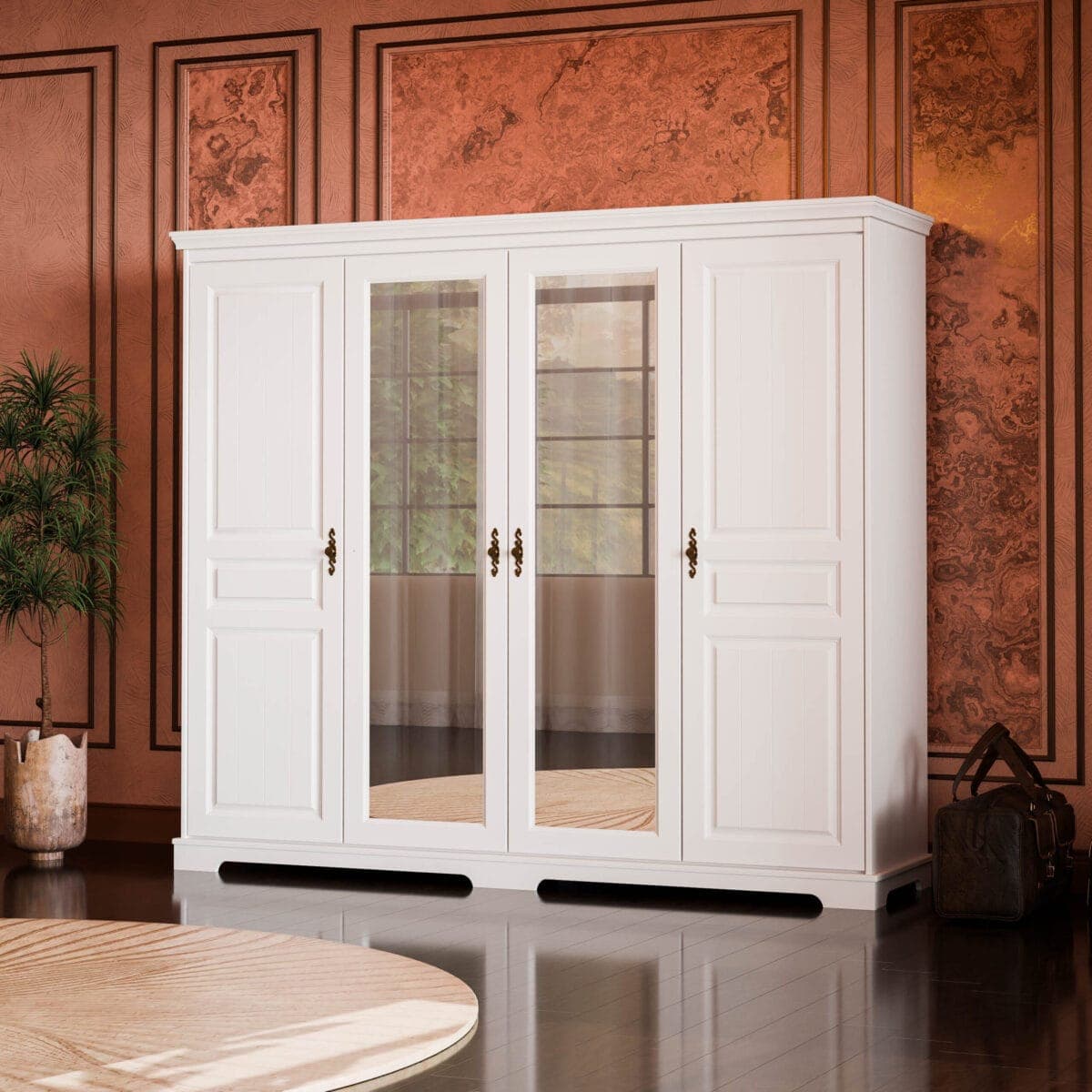 Massivholz-Spiegelschrank „Linnea“ mit 4 Türen