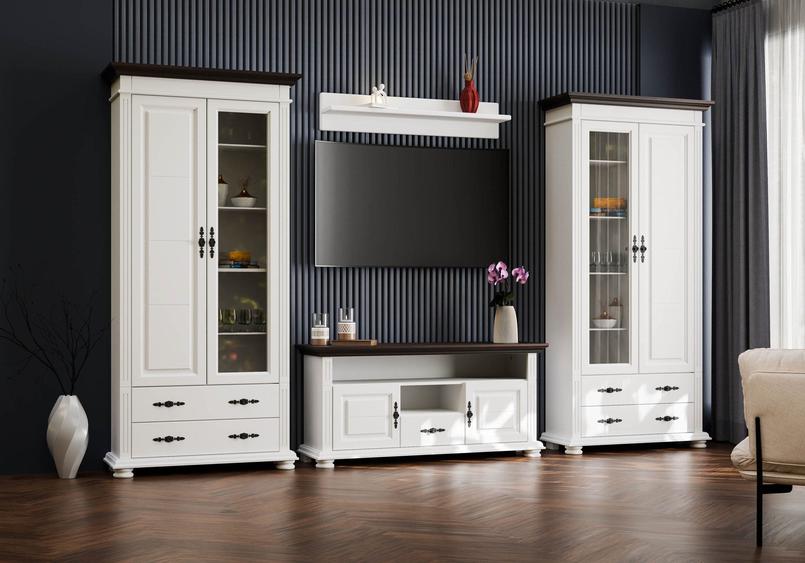 Wohnzimmer Skagen 3 – Massivholz-Set mit 2 Vitrinen
