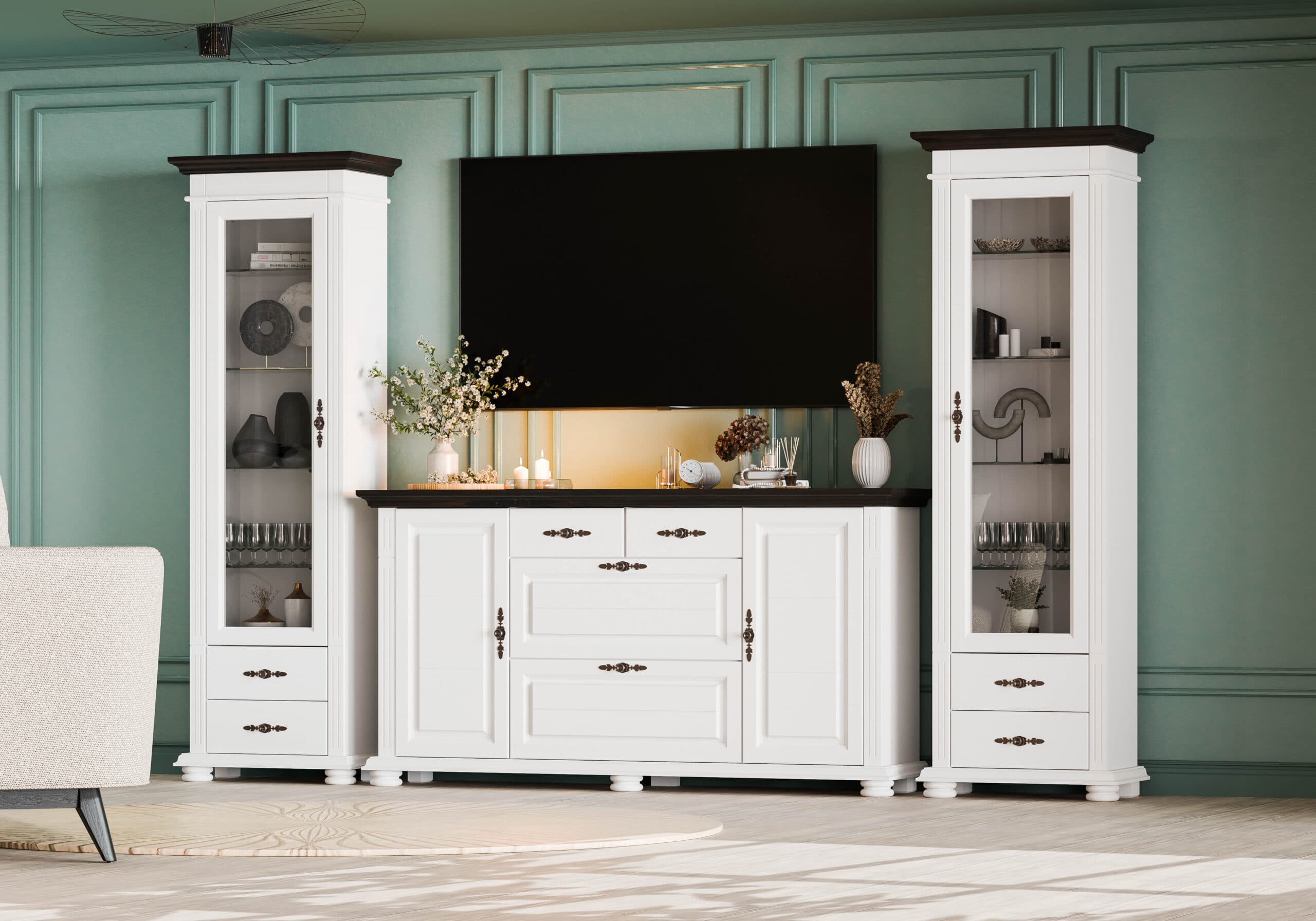 Wohnzimmer-Set Skagen 5 aus Massivholz mit Vitrinen