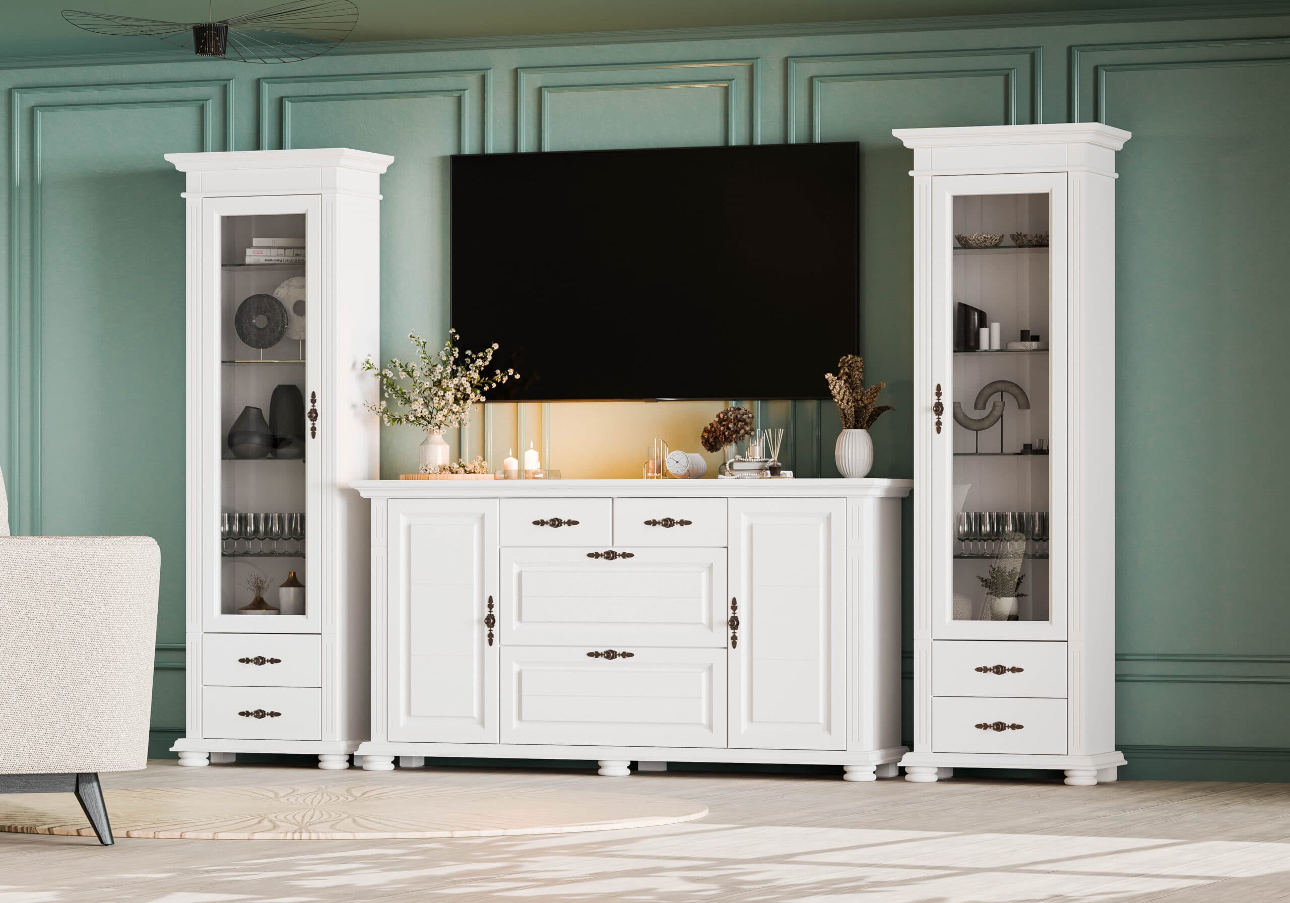 Wohnzimmer-Set Skagen 5 aus Massivholz mit Vitrinen