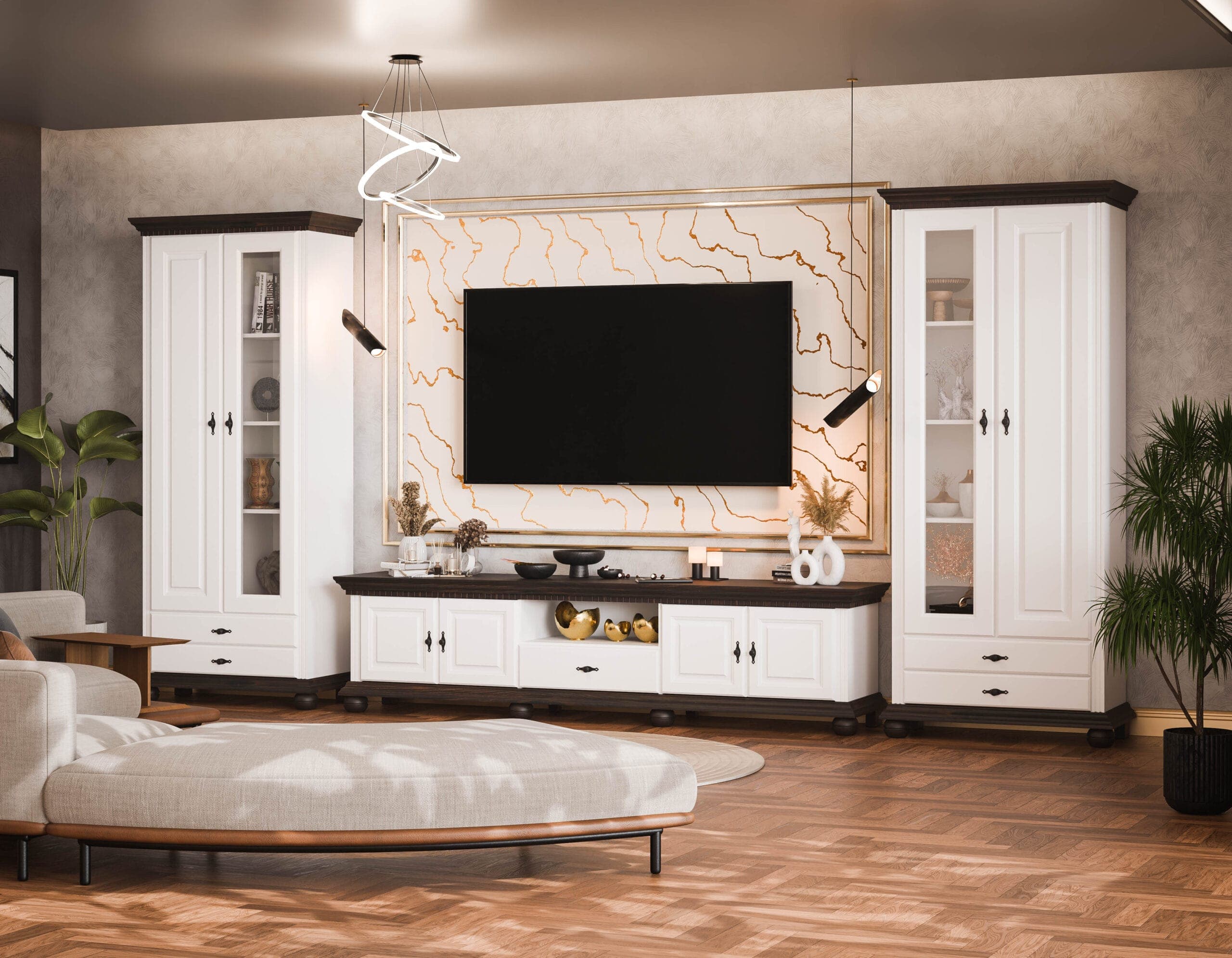 Wohnzimmer Fjord 220 aus Massivholz mit eleganten Vitrinen