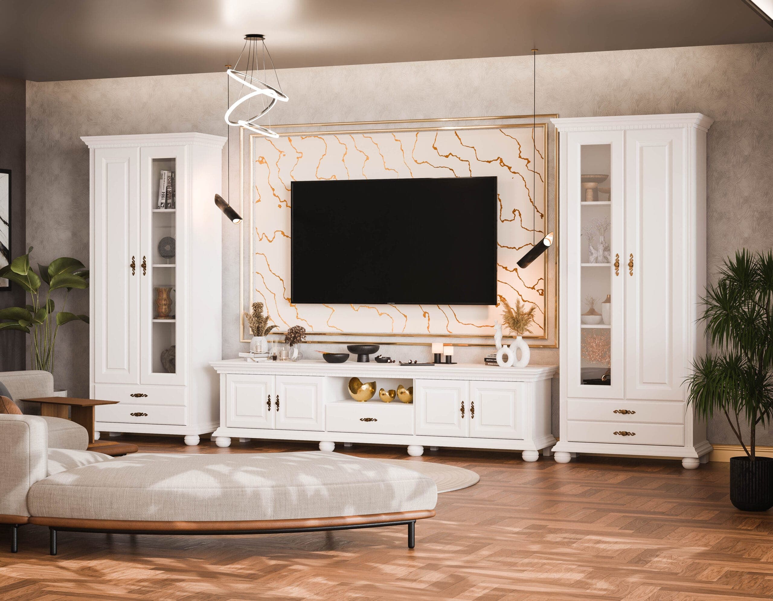 Wohnzimmer Fjord 220 aus Massivholz mit eleganten Vitrinen