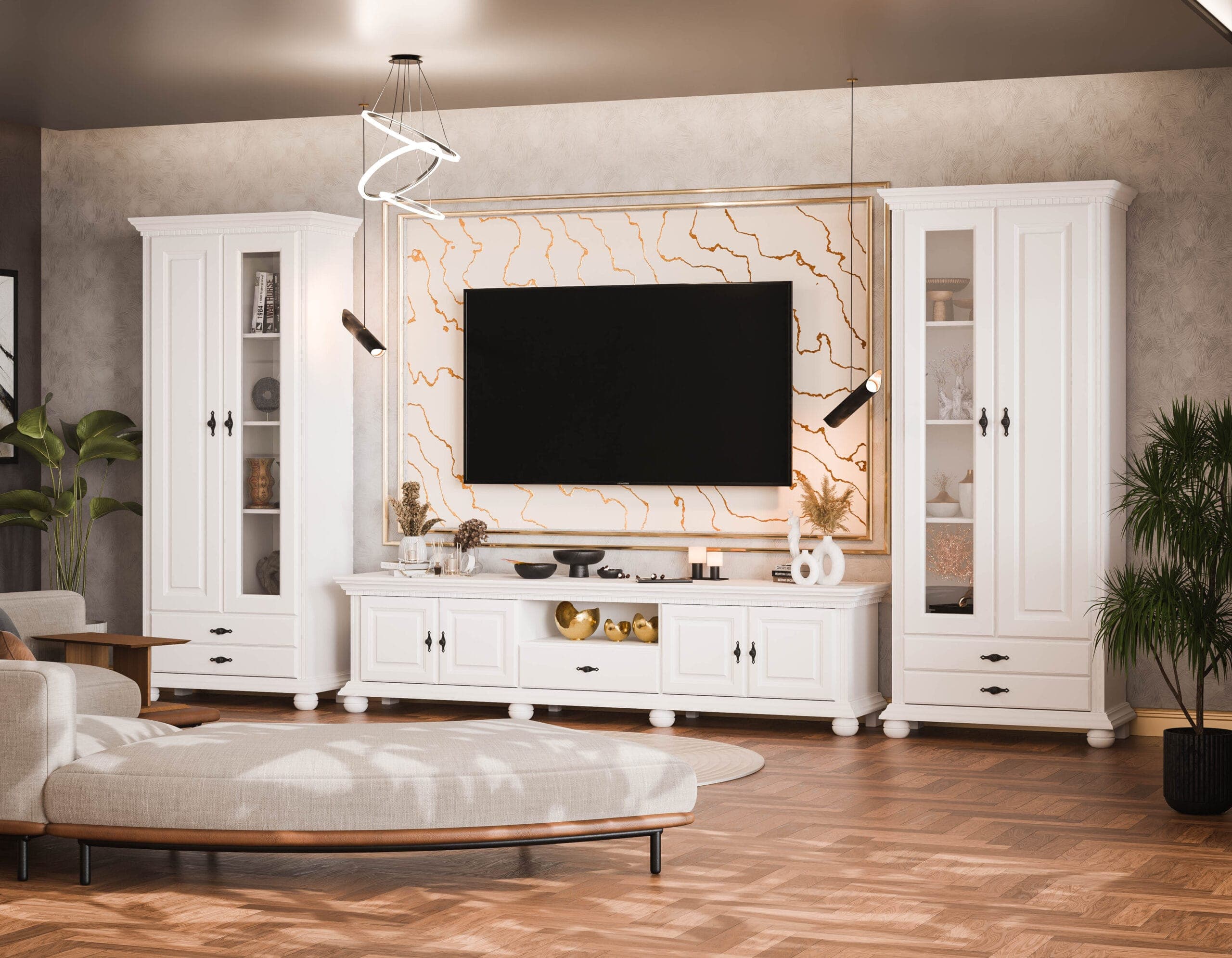 Wohnzimmer Fjord 220 aus Massivholz mit eleganten Vitrinen