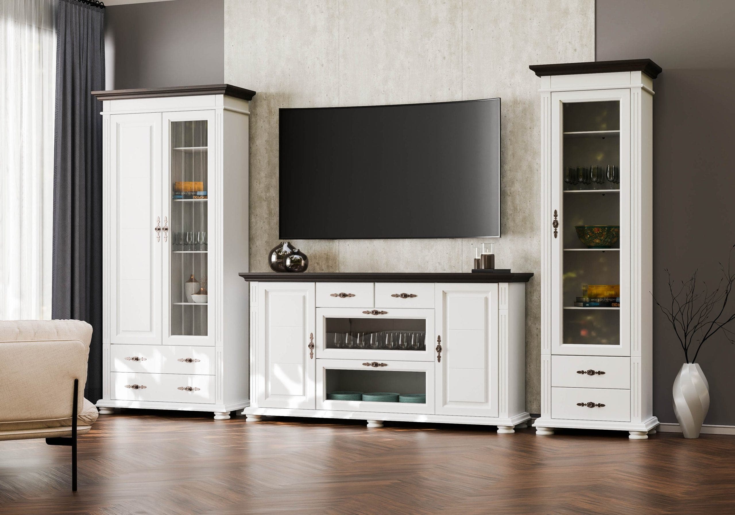 Wohnzimmer Skagen 6 aus Massivholz mit großer Vitrine