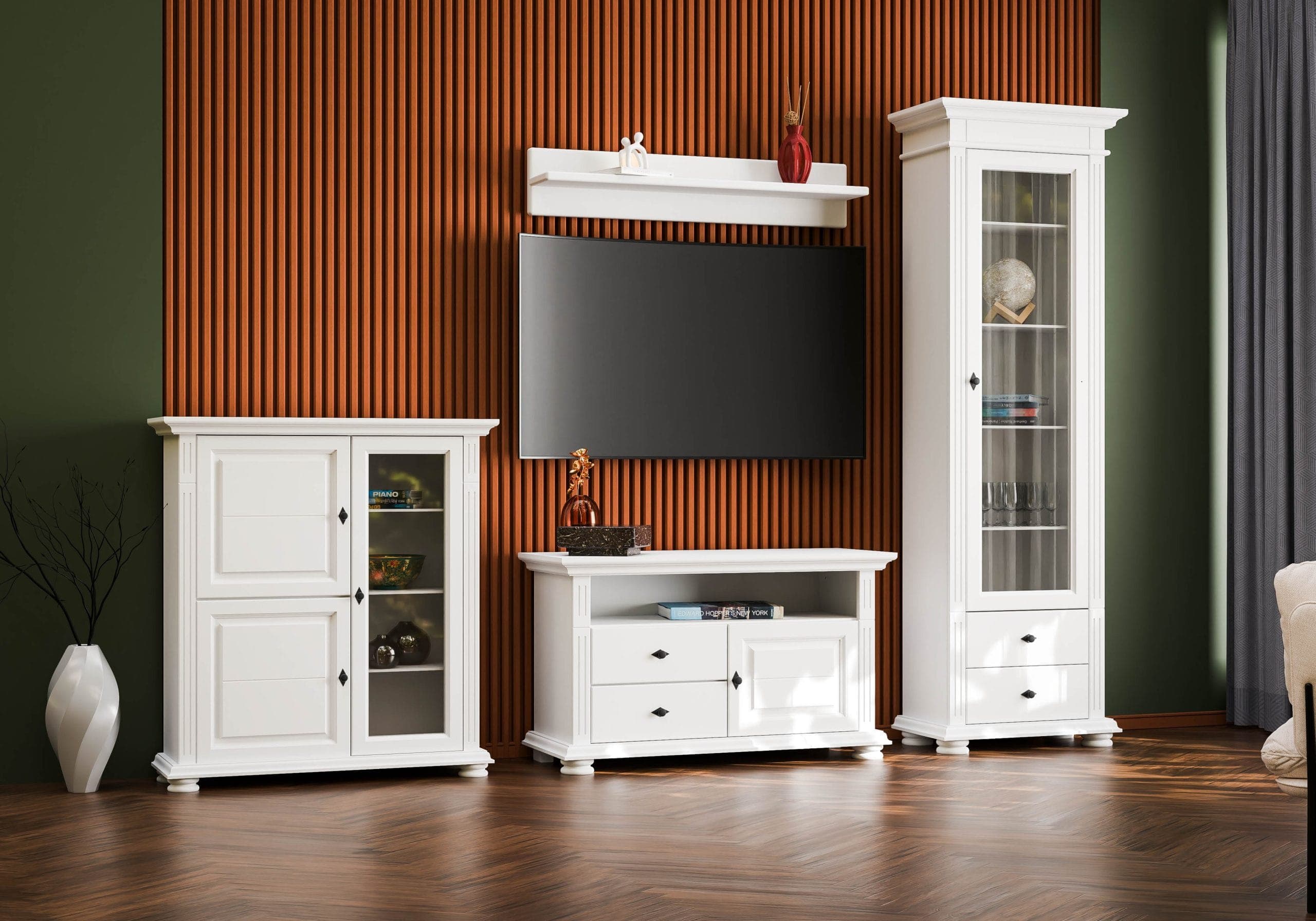 Wohnzimmer Skagen 4 – Massivholz-Set mit Vitrine & TV-Schrank