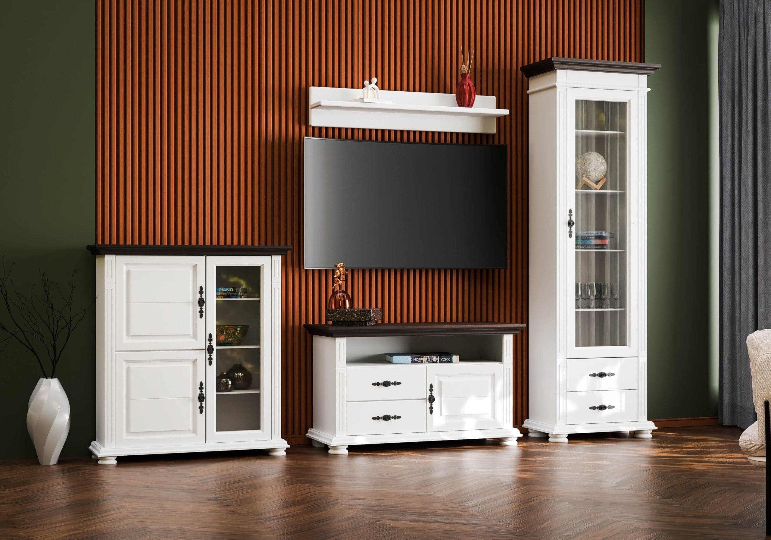 Wohnzimmer Skagen 4 – Massivholz-Set mit Vitrine & TV-Schrank