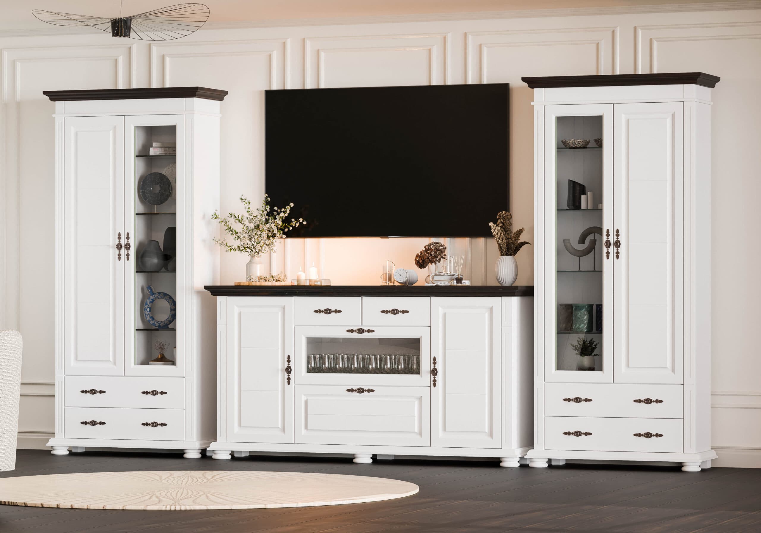 Massivholz-Wohnzimmer Skagen mit 2 Vitrinen und Kommode