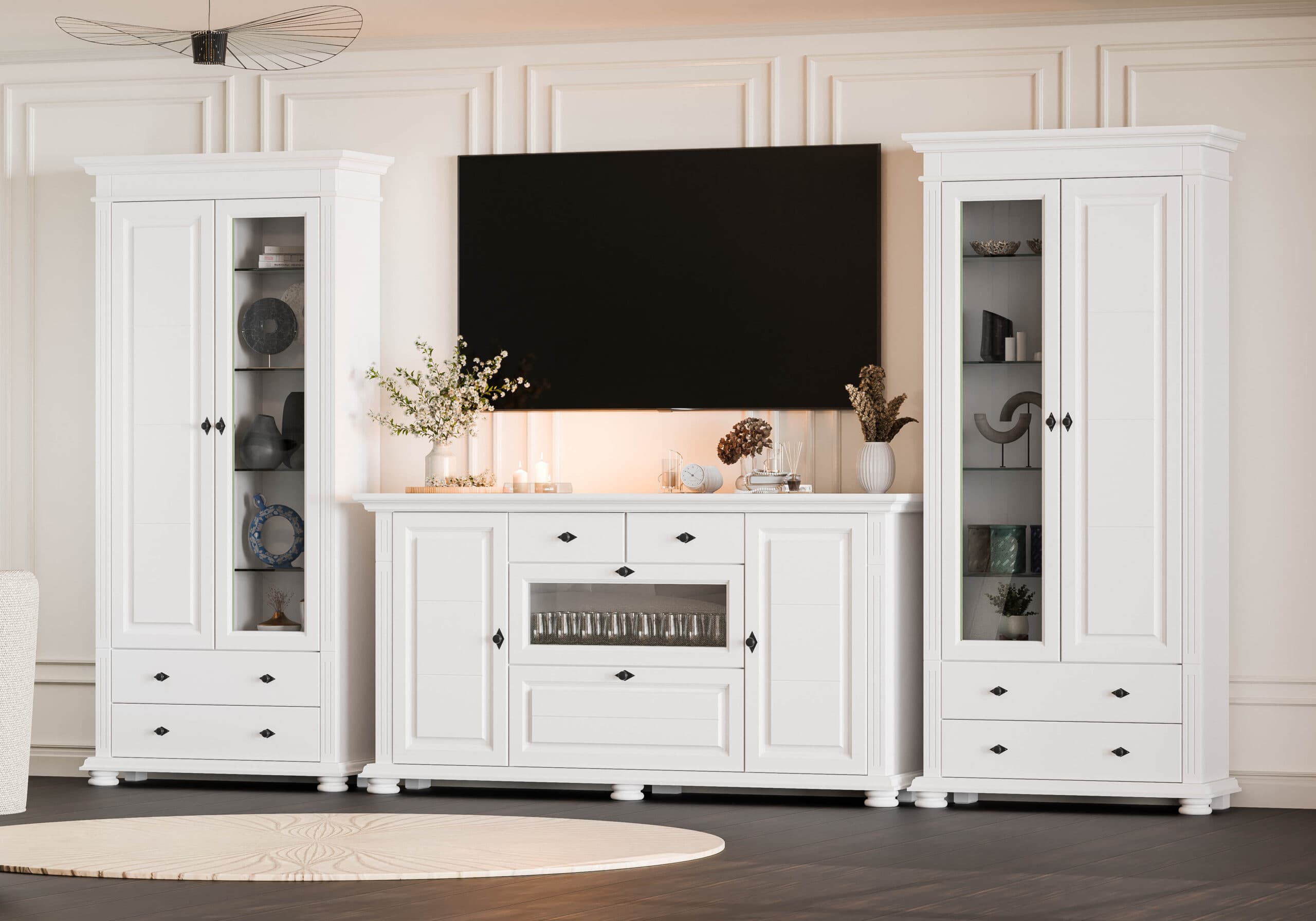 Massivholz-Wohnzimmer Skagen mit 2 Vitrinen und Kommode