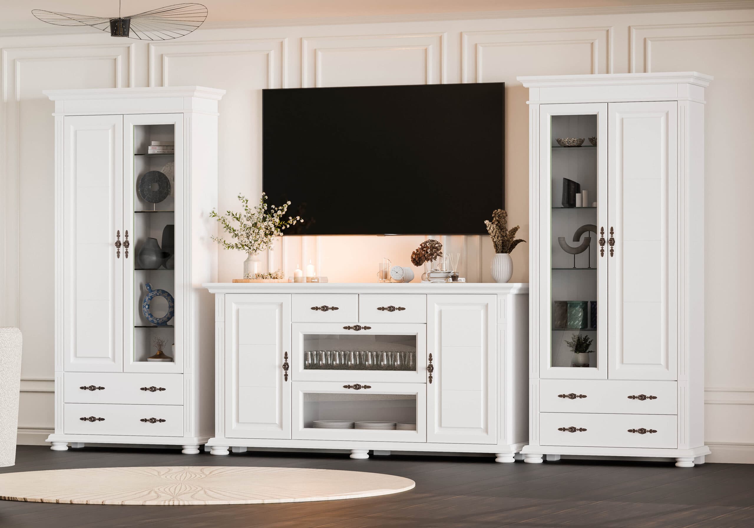 Massivholz-Wohnzimmer Skagen mit 2 Vitrinen und Kommode