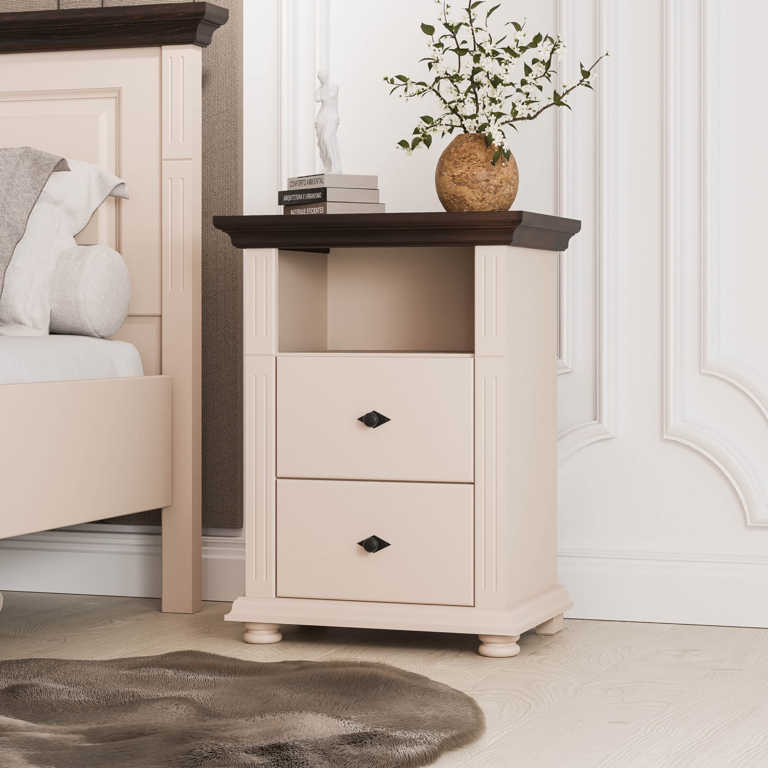 Hoher Nachttisch Skagen aus Massivholz in Puderbeige
