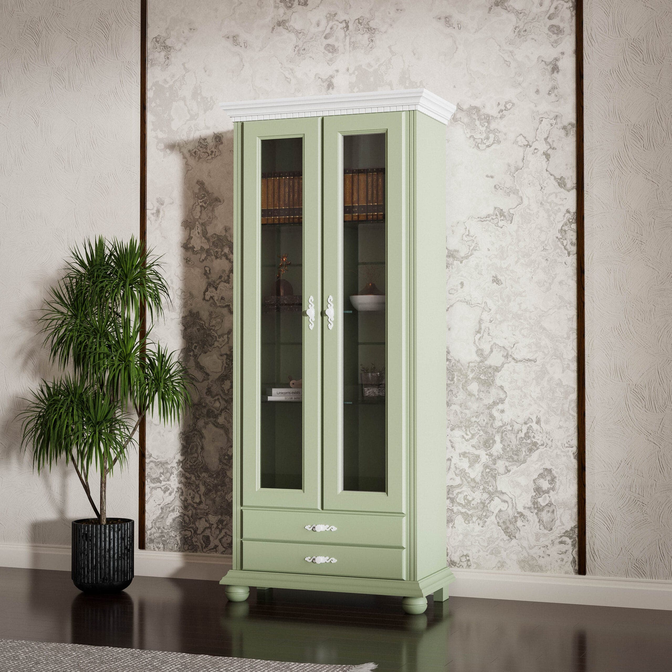 Massivholz-Vitrine „Fjord 3“ mit Glastüren in Salbei