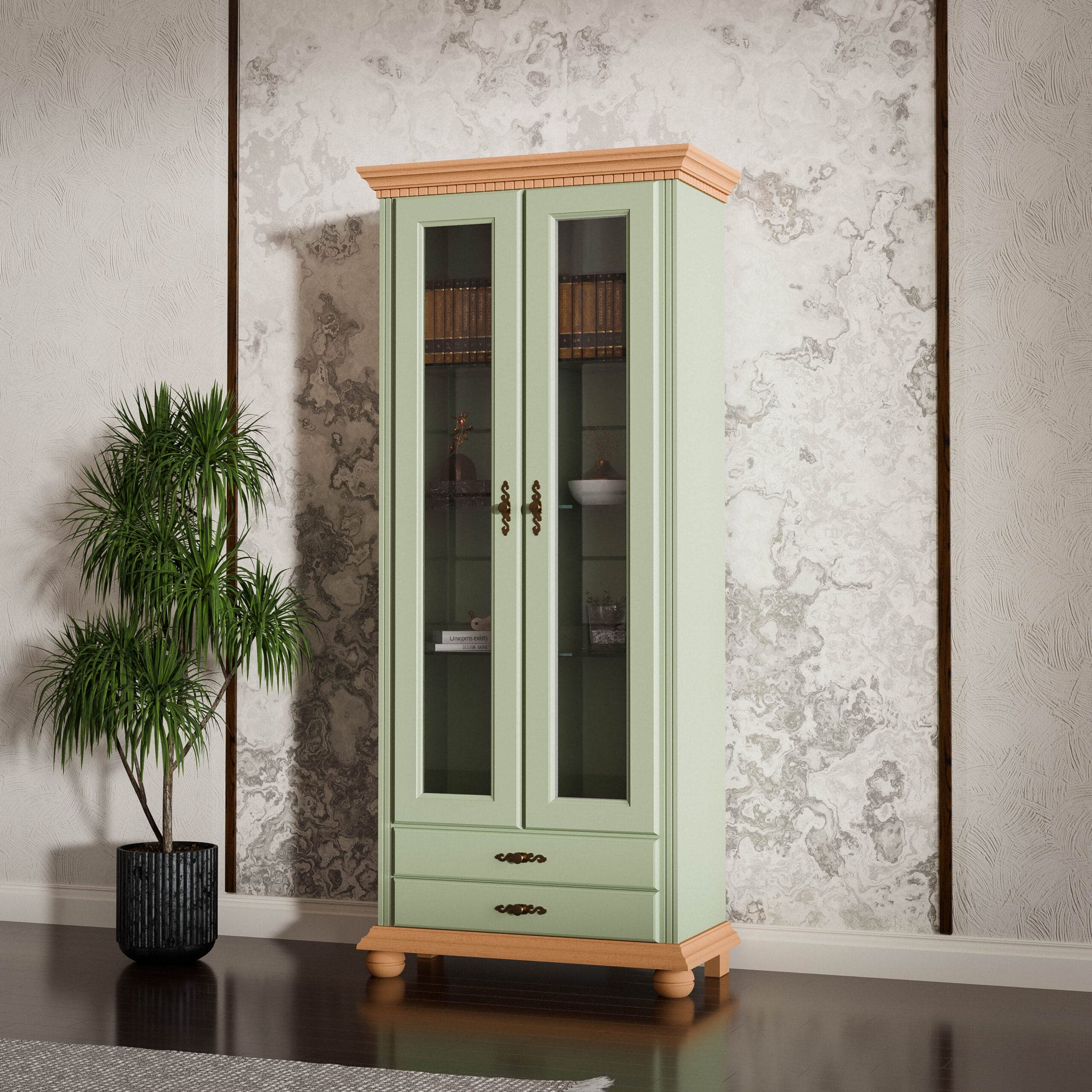 Massivholz-Vitrine „Fjord 3“ mit Glastüren in Salbei