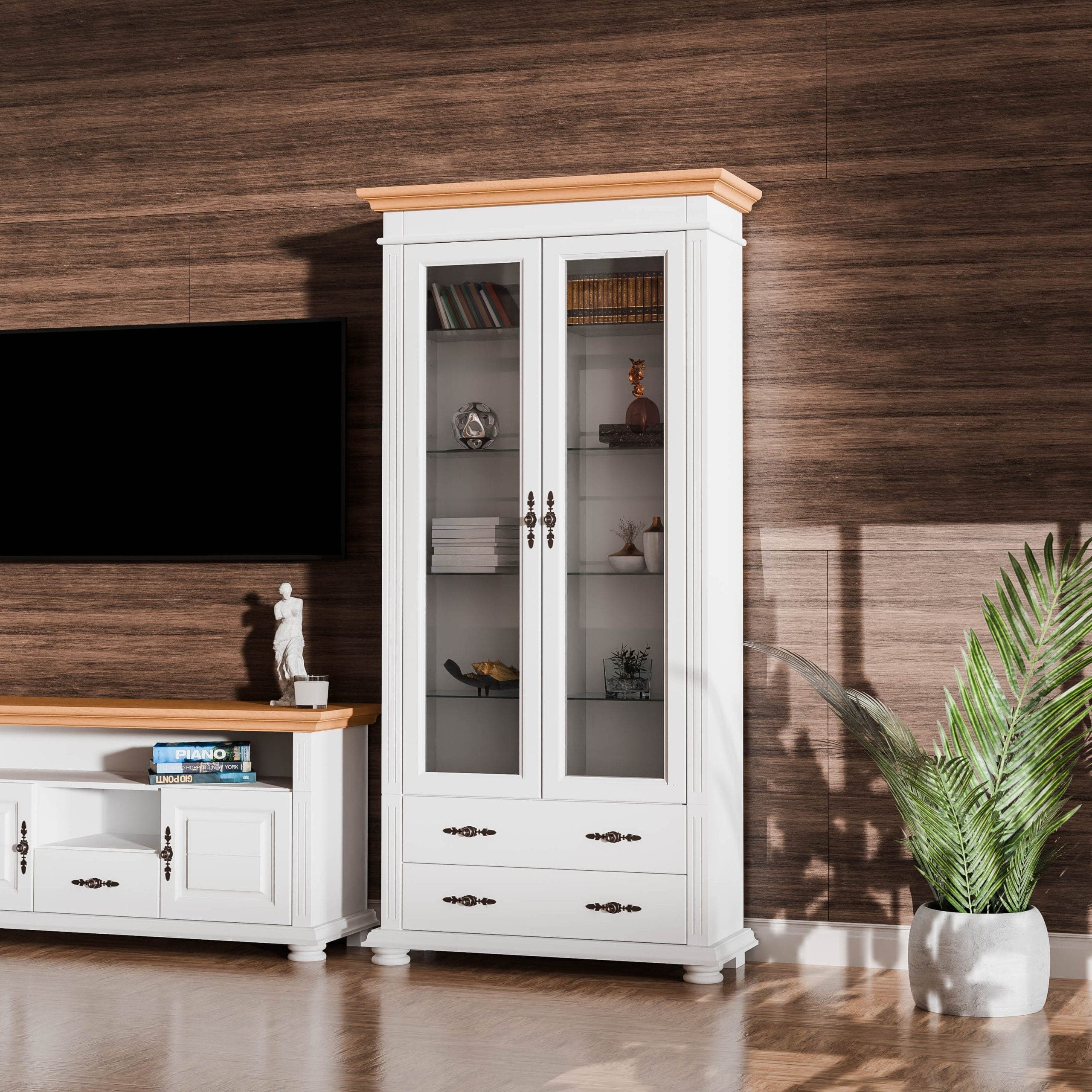 Große Massivholz-Vitrine Skagen mit Glastüren