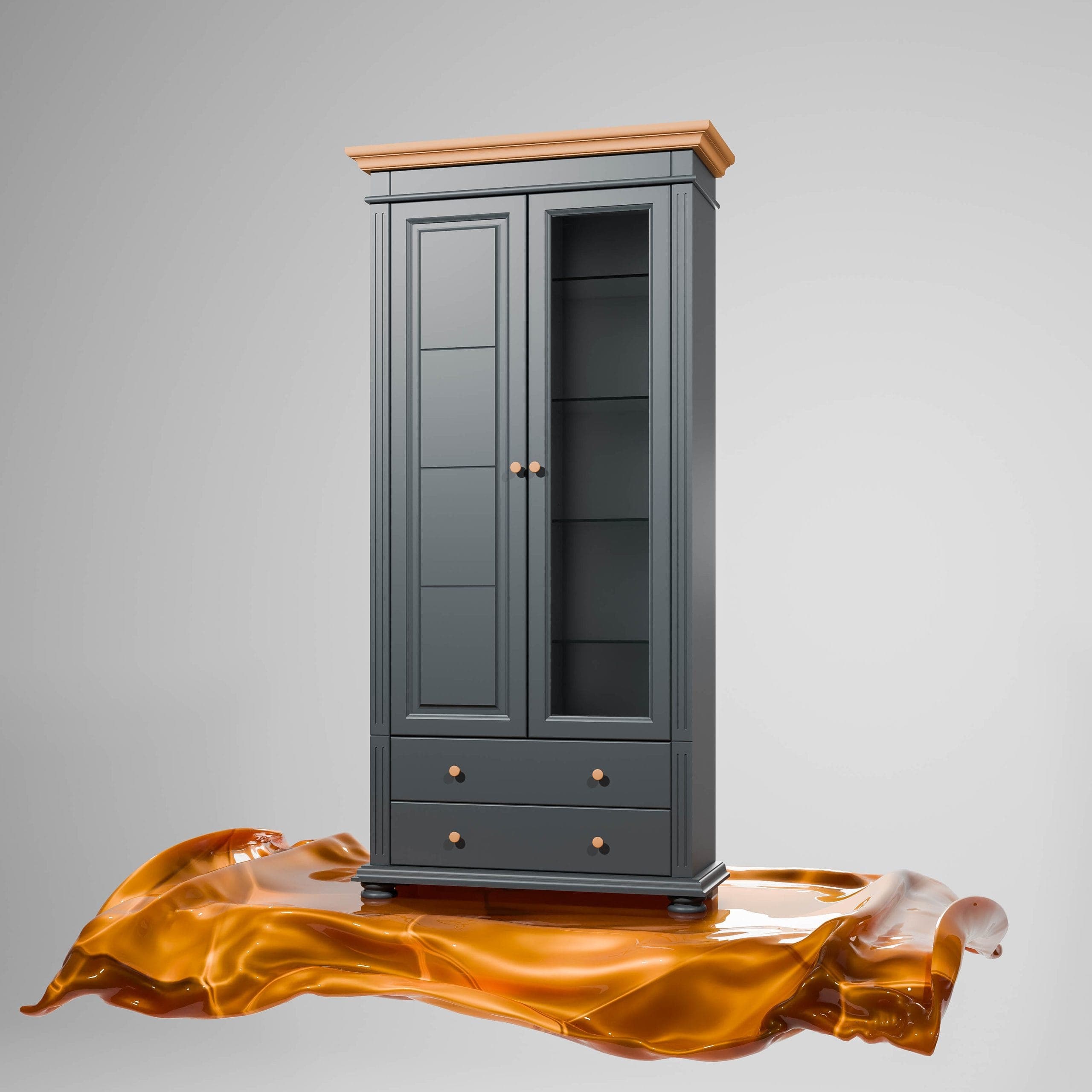 Große Vitrine Skagen mit Glastür aus Massivholz, Anthrazit