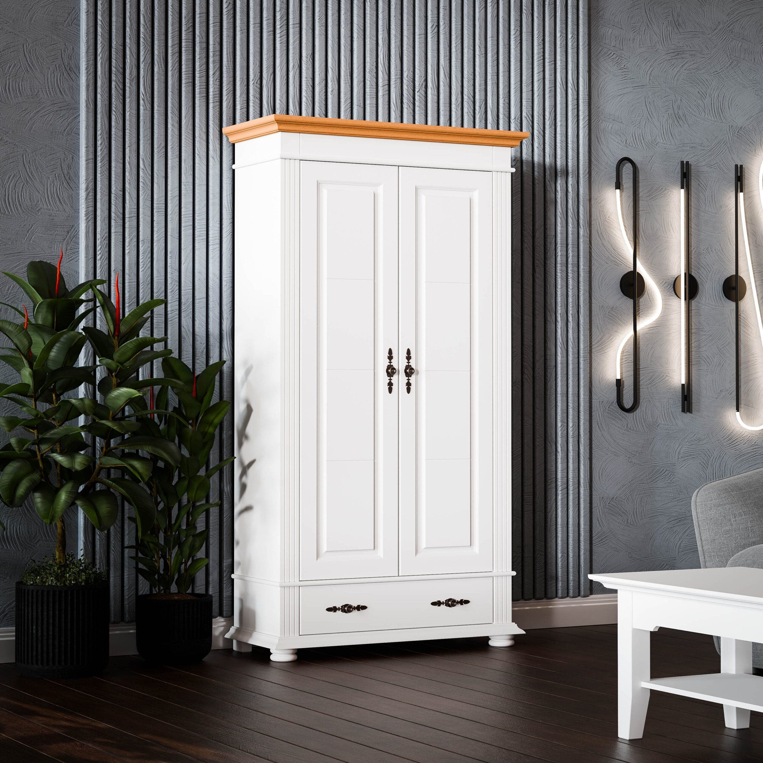 2-türiger Massivholzschrank Skagen mit Kleiderstange und Regalböden